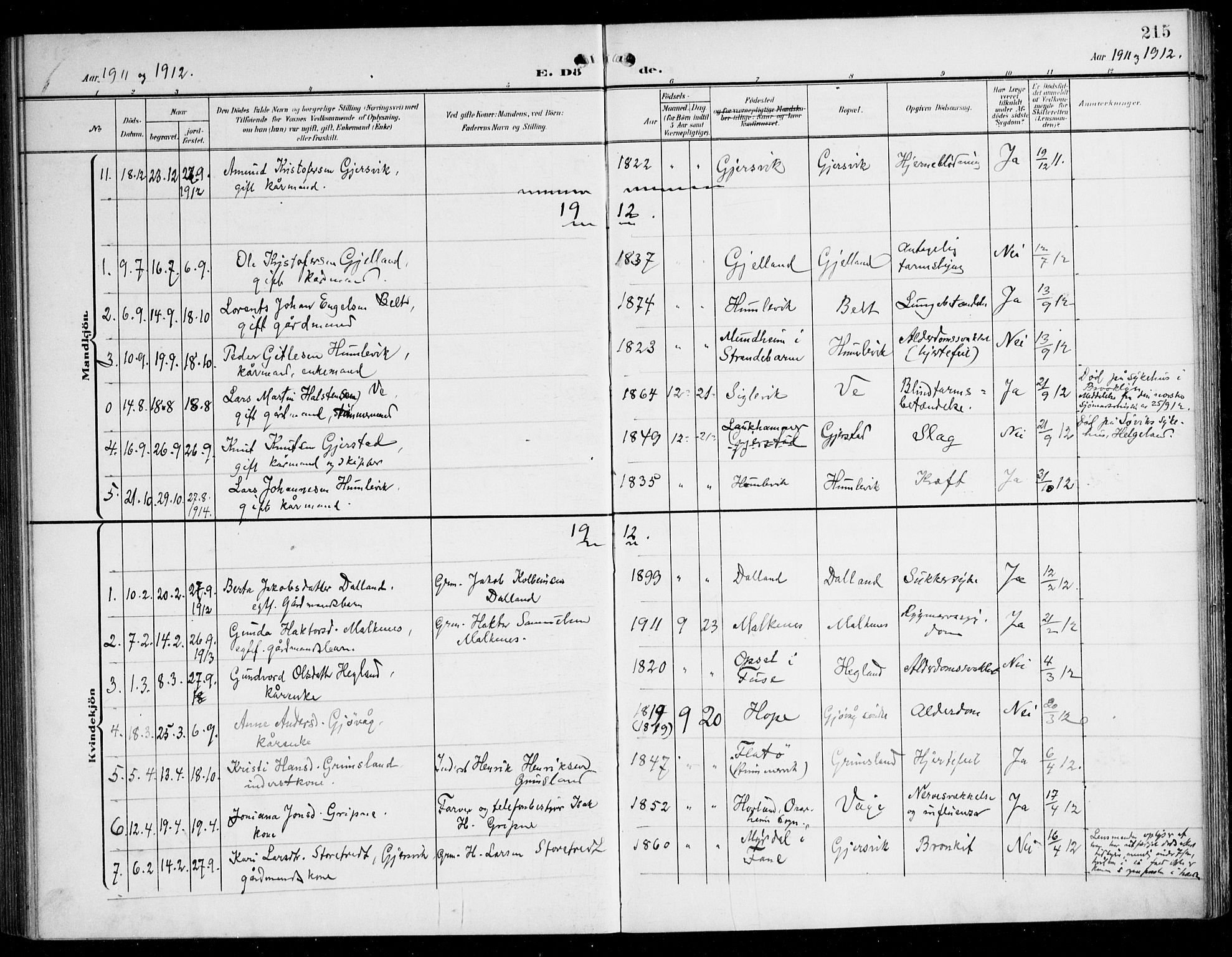 Tysnes sokneprestembete, SAB/A-78601/H/Haa: Parish register (official) no. B 2, 1907-1925, p. 215