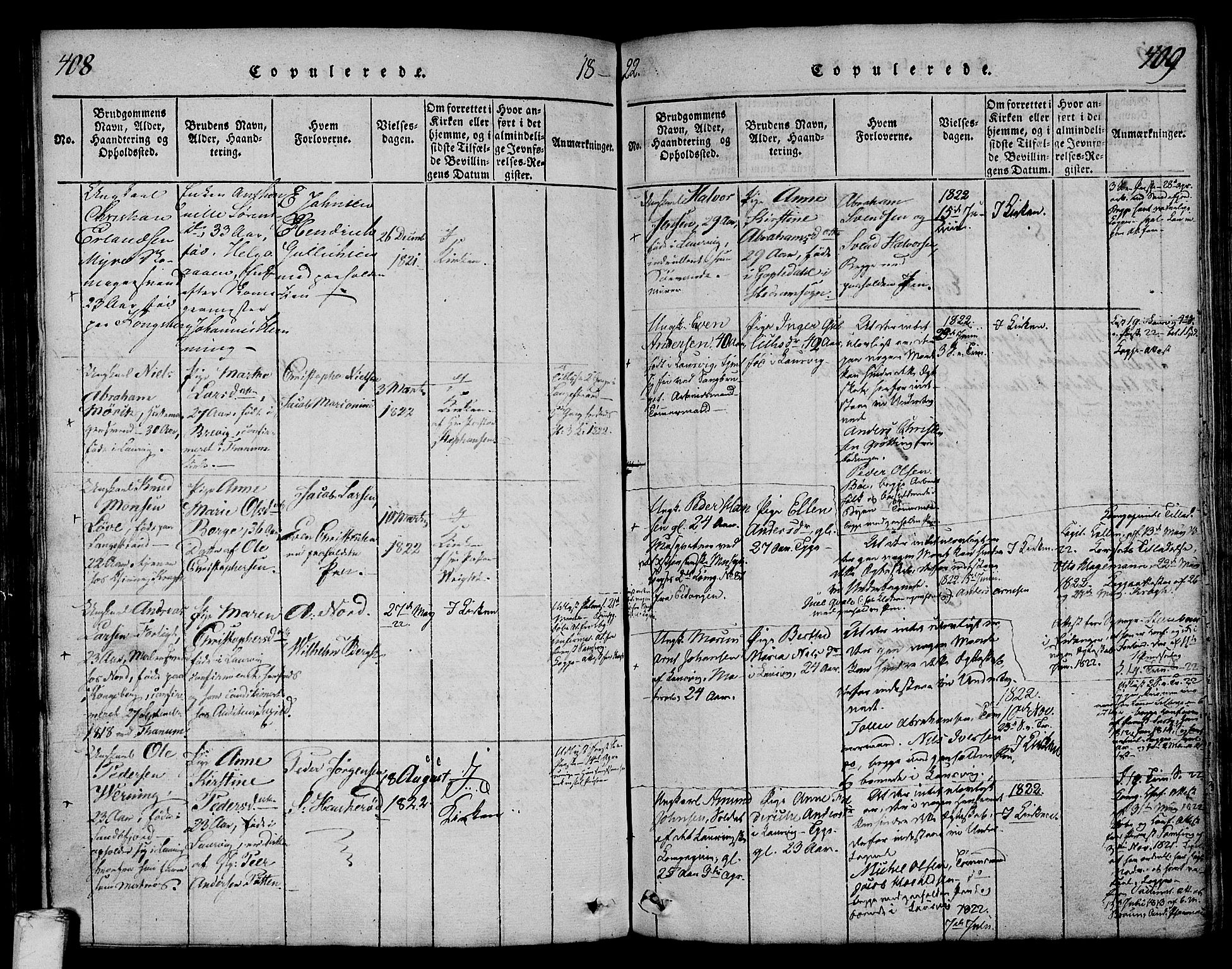 Larvik kirkebøker, SAKO/A-352/F/Fa/L0001: Parish register (official) no. I 1, 1814-1825, p. 408-409