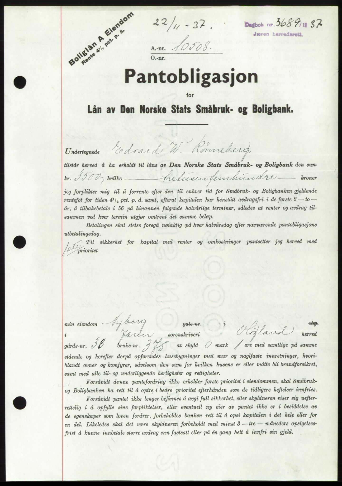 Jæren sorenskriveri, SAST/A-100310/03/G/Gba/L0069: Mortgage book, 1937-1937, Diary no: : 3689/1937