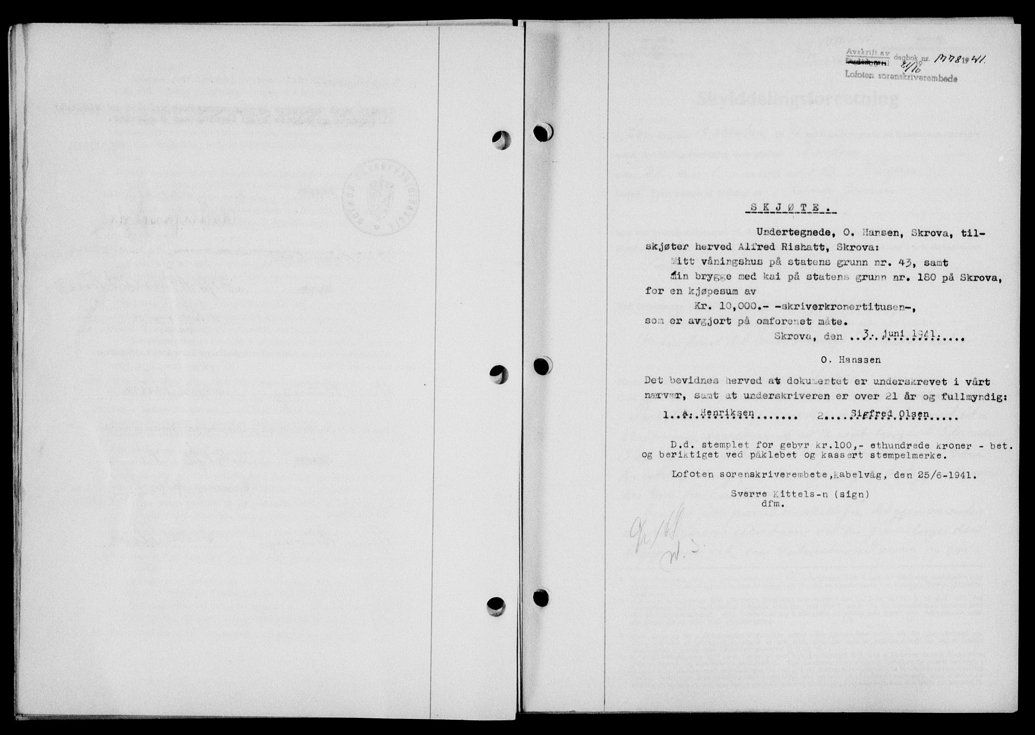 Lofoten sorenskriveri, SAT/A-0017/1/2/2C/L0009a: Mortgage book no. 9a, 1941-1942, Diary no: : 1778/1941