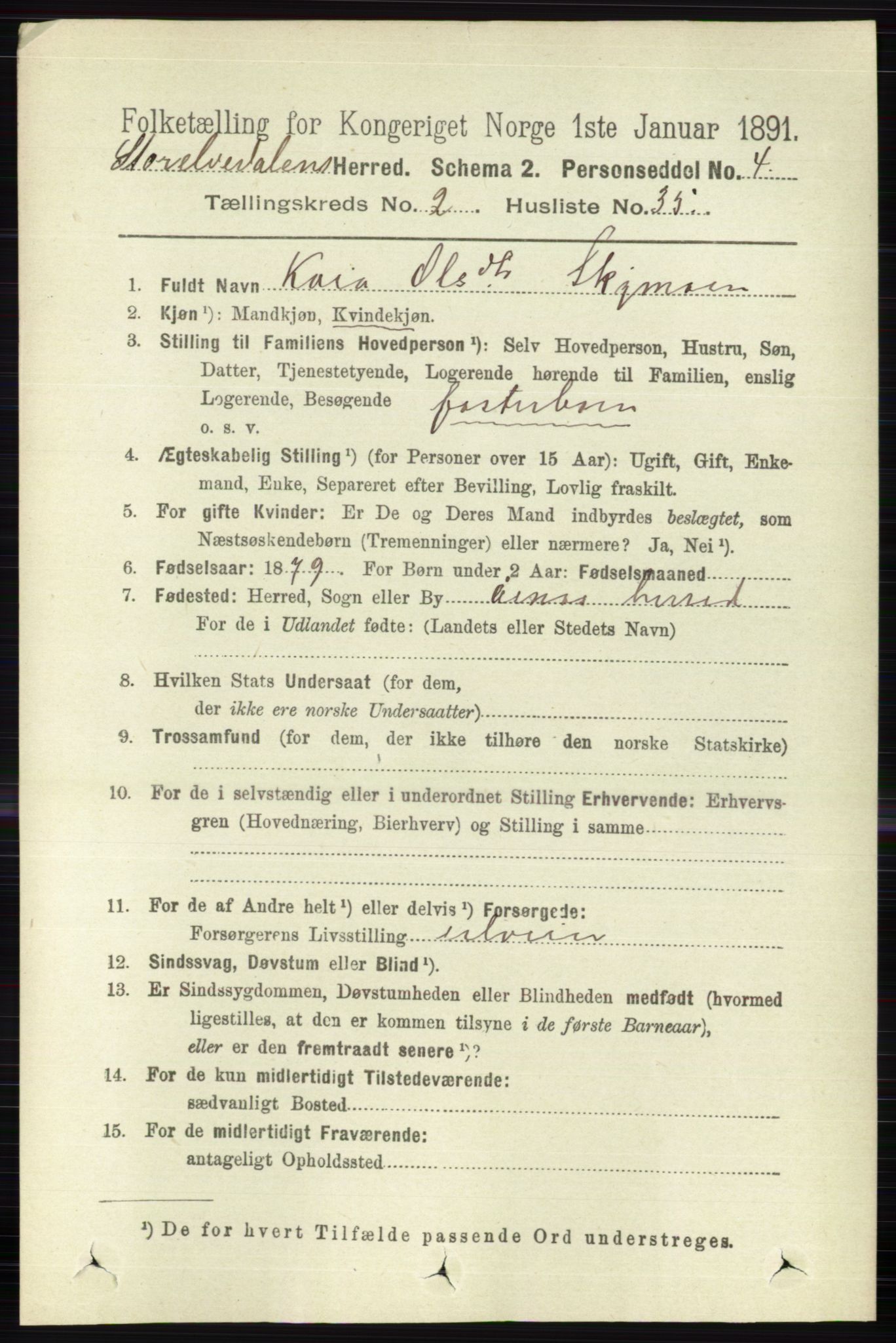 RA, 1891 census for 0430 Stor-Elvdal, 1891, p. 625