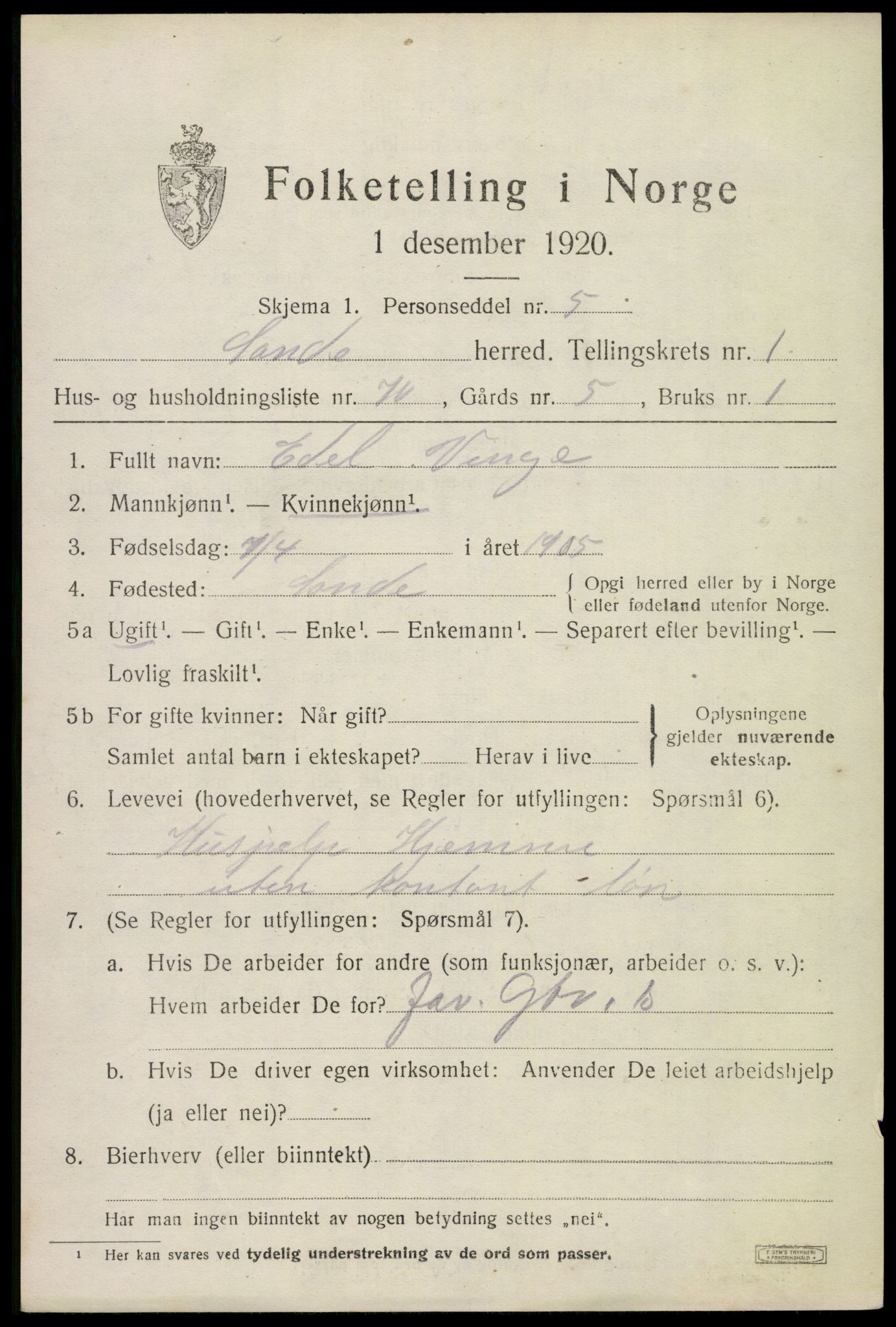 SAKO, 1920 census for Sande, 1920, p. 1986