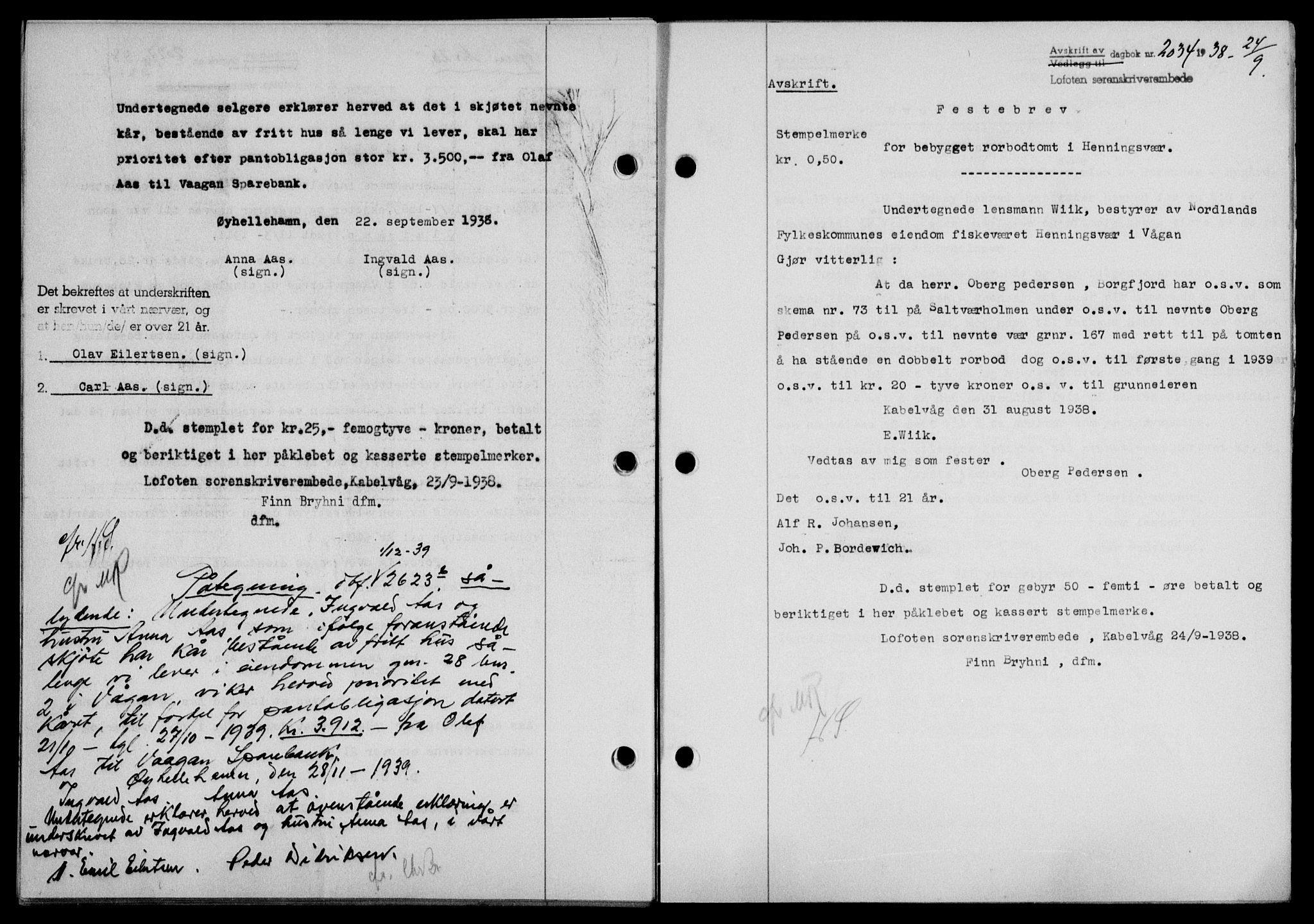 Lofoten sorenskriveri, SAT/A-0017/1/2/2C/L0004a: Mortgage book no. 4a, 1938-1938, Diary no: : 2034/1938