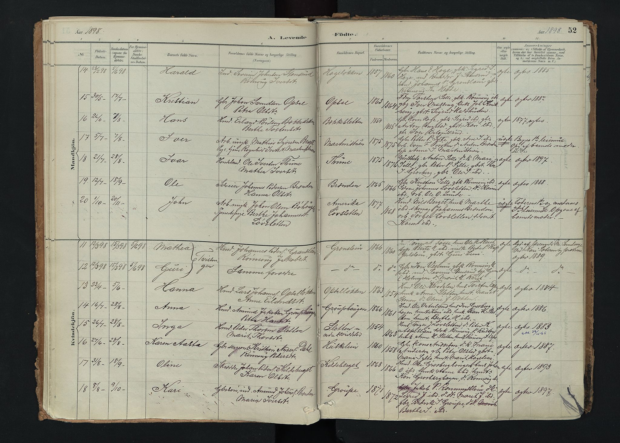 Nord-Fron prestekontor, SAH/PREST-080/H/Ha/Haa/L0005: Parish register (official) no. 5, 1884-1914, p. 52