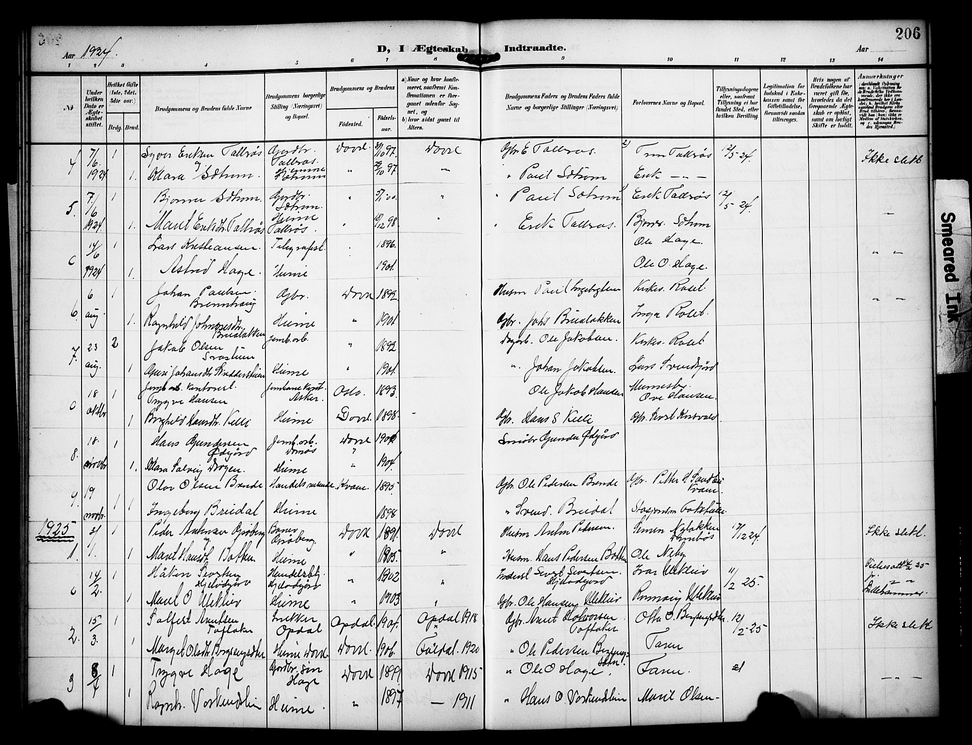 Dovre prestekontor, AV/SAH-PREST-066/H/Ha/Hab/L0003: Parish register (copy) no. 3, 1907-1929, p. 206