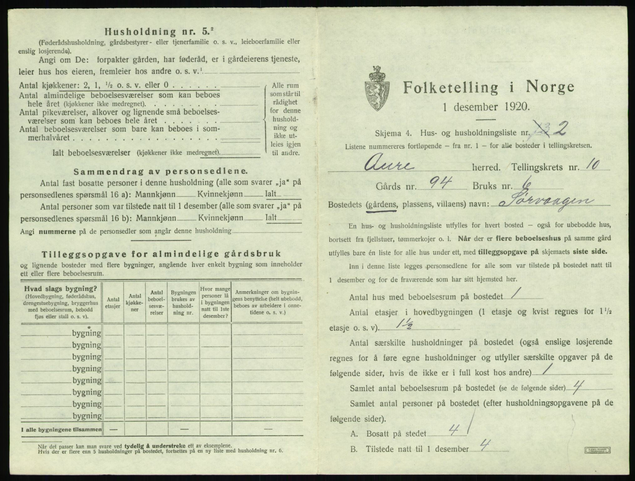 SAT, 1920 census for Aure, 1920, p. 594