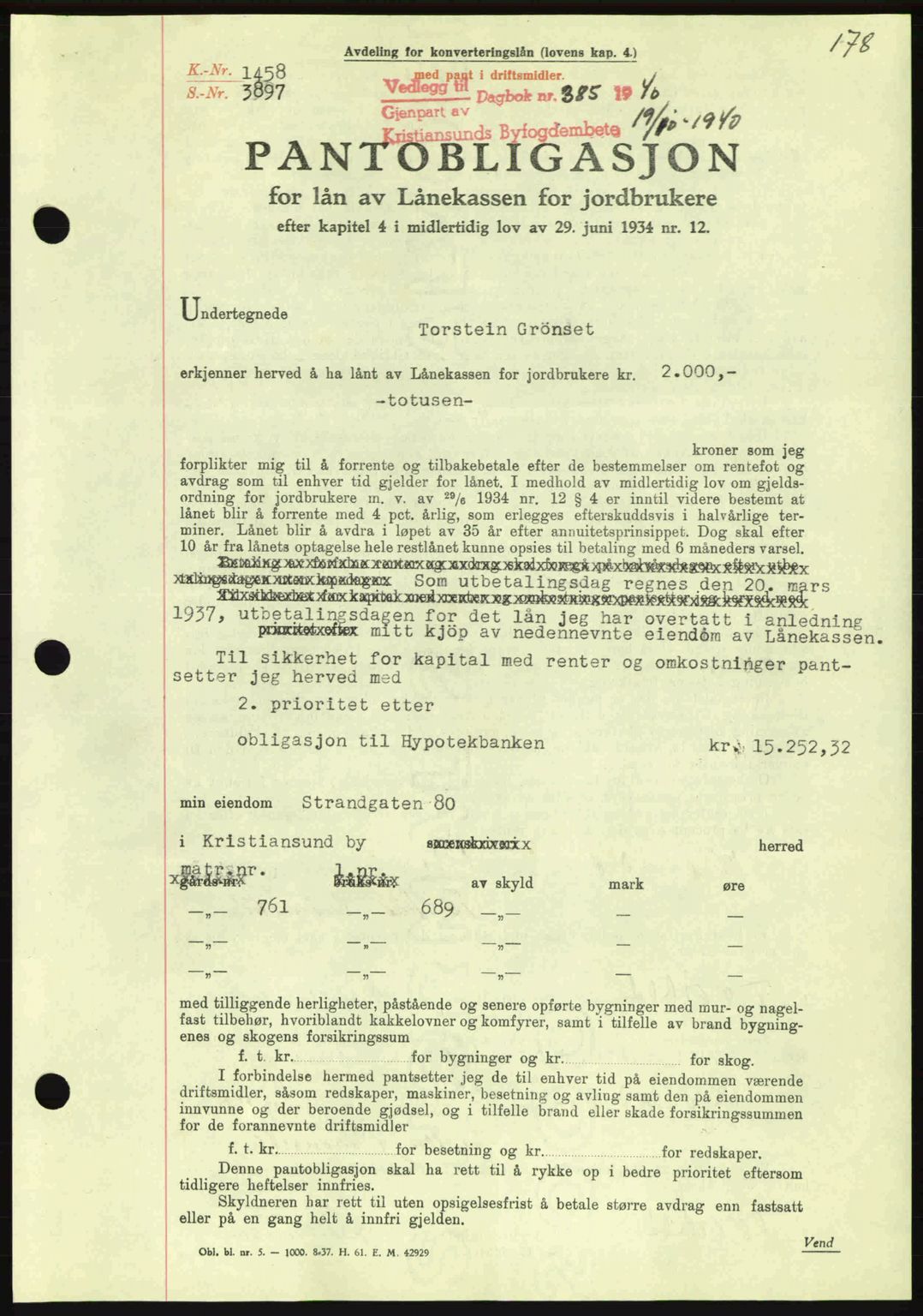 Kristiansund byfogd, AV/SAT-A-4587/A/27: Mortgage book no. 33, 1939-1941, Diary no: : 385/1940