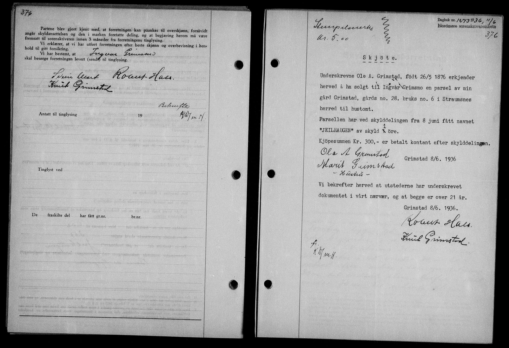 Nordmøre sorenskriveri, AV/SAT-A-4132/1/2/2Ca/L0088: Mortgage book no. 78, 1936-1936, Diary no: : 1273/1936