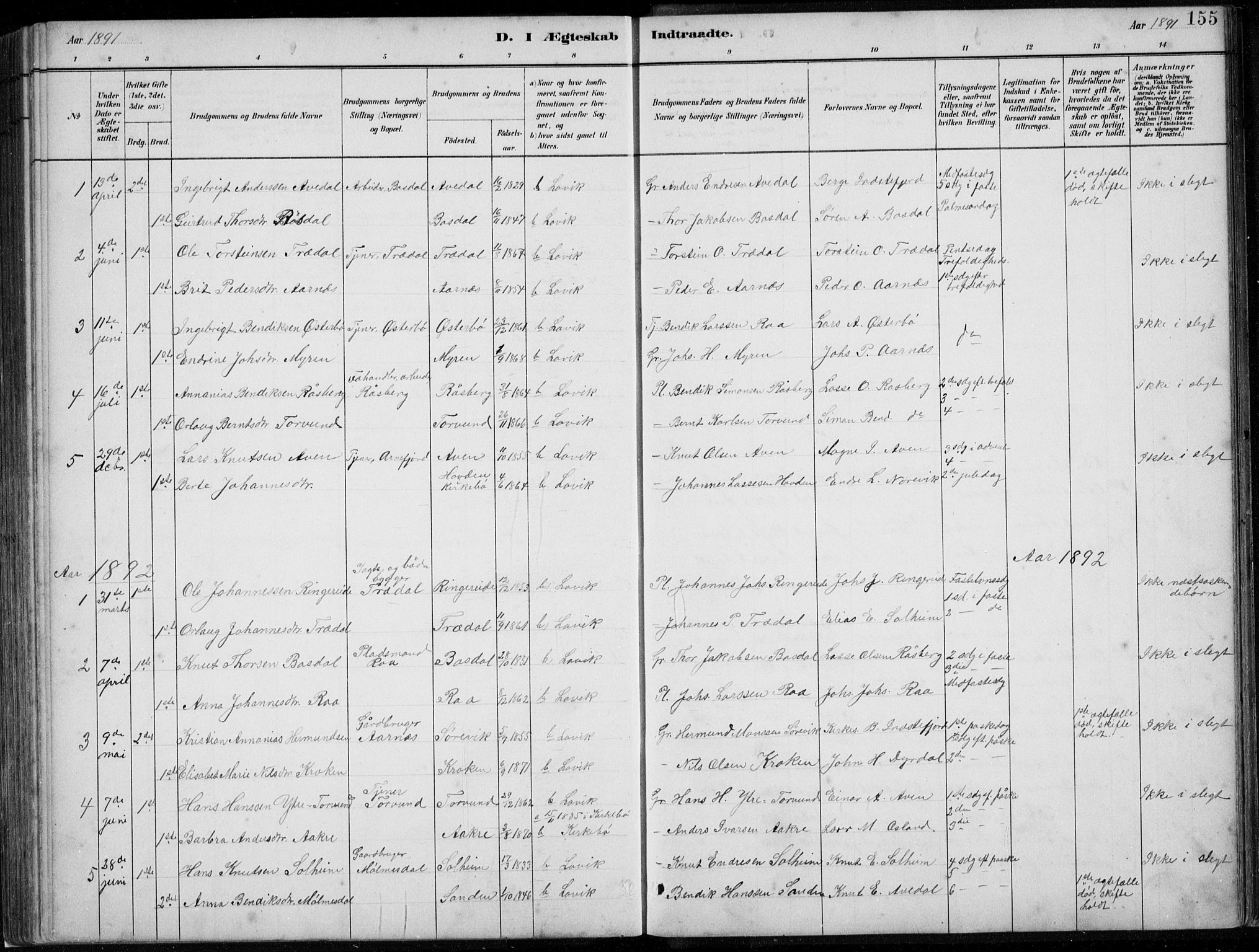 Lavik sokneprestembete, SAB/A-80901: Parish register (copy) no. A 2, 1882-1910, p. 155