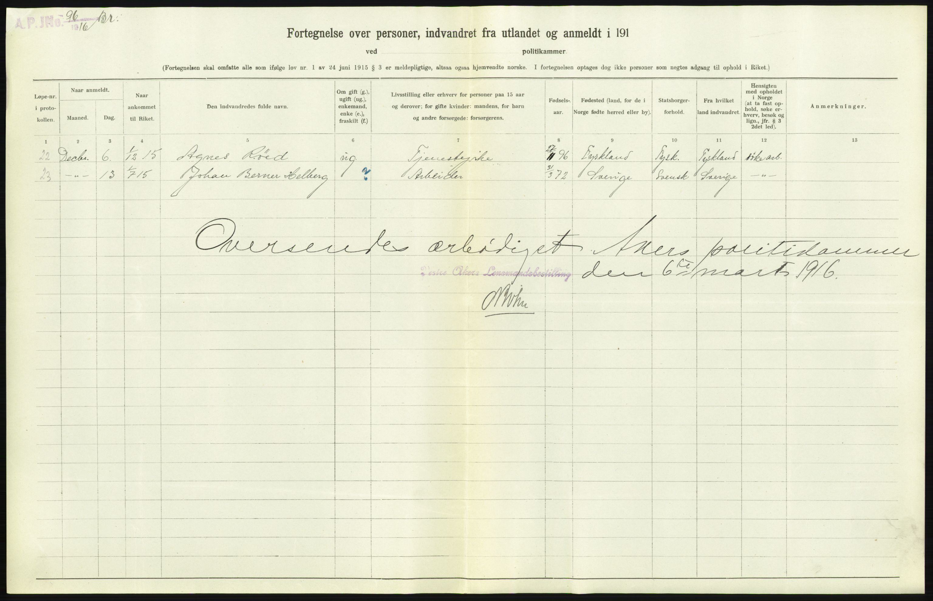 Statistisk sentralbyrå, Sosioøkonomiske emner, Folketellinger, boliger og boforhold, AV/RA-S-2231/F/Fa/L0001: Innvandring. Navn/fylkesvis, 1915, p. 67