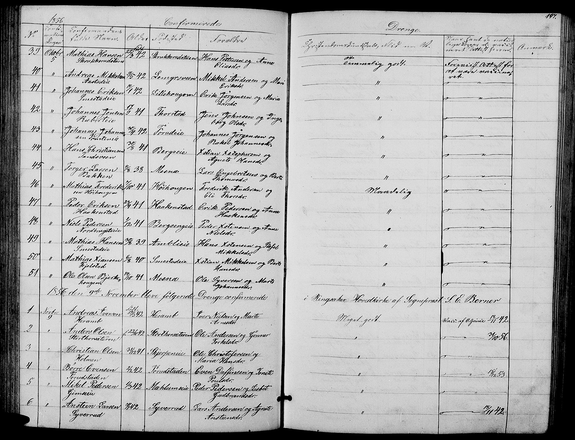 Ringsaker prestekontor, SAH/PREST-014/L/La/L0006: Parish register (copy) no. 6, 1851-1860, p. 197