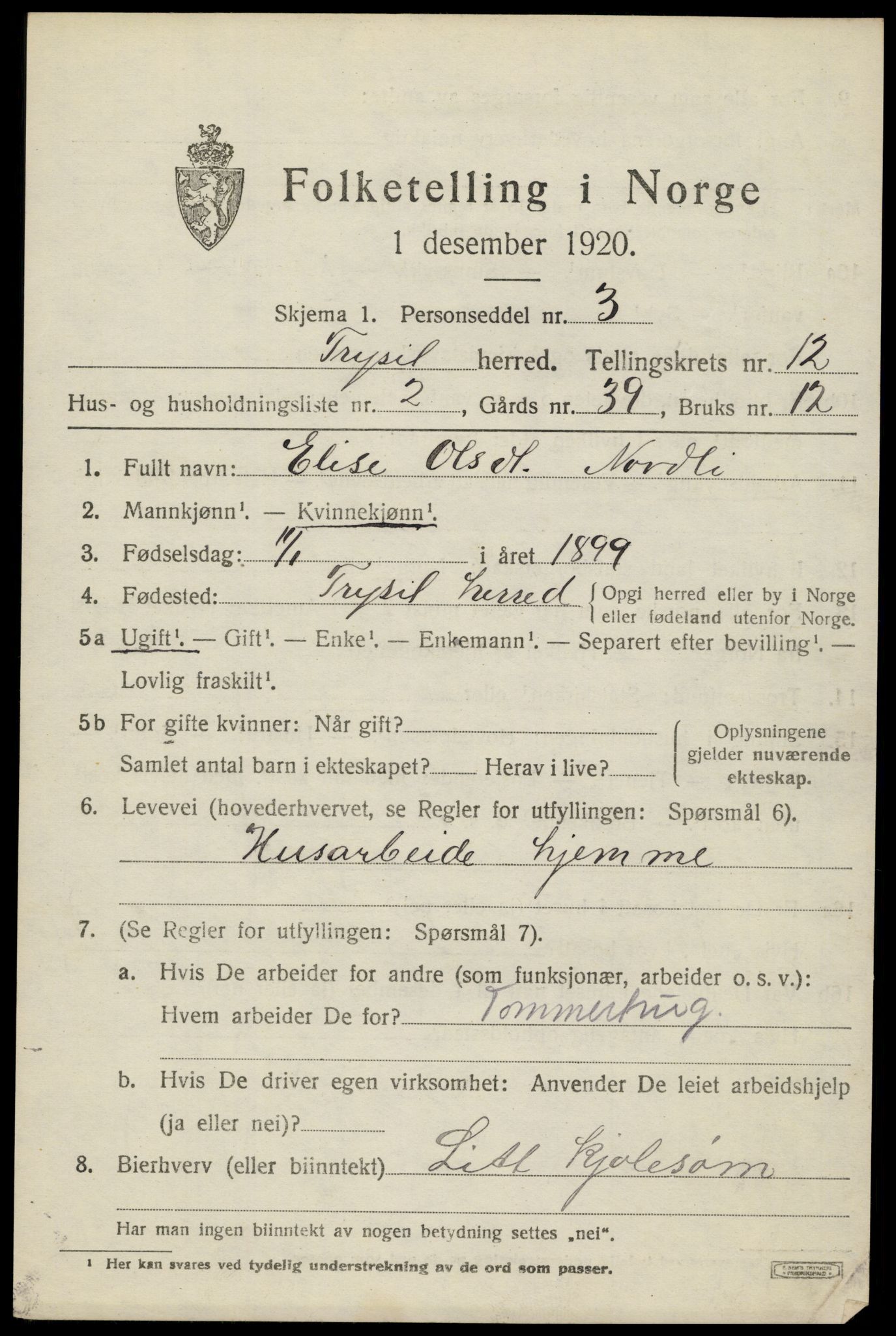 SAH, 1920 census for Trysil, 1920, p. 7129