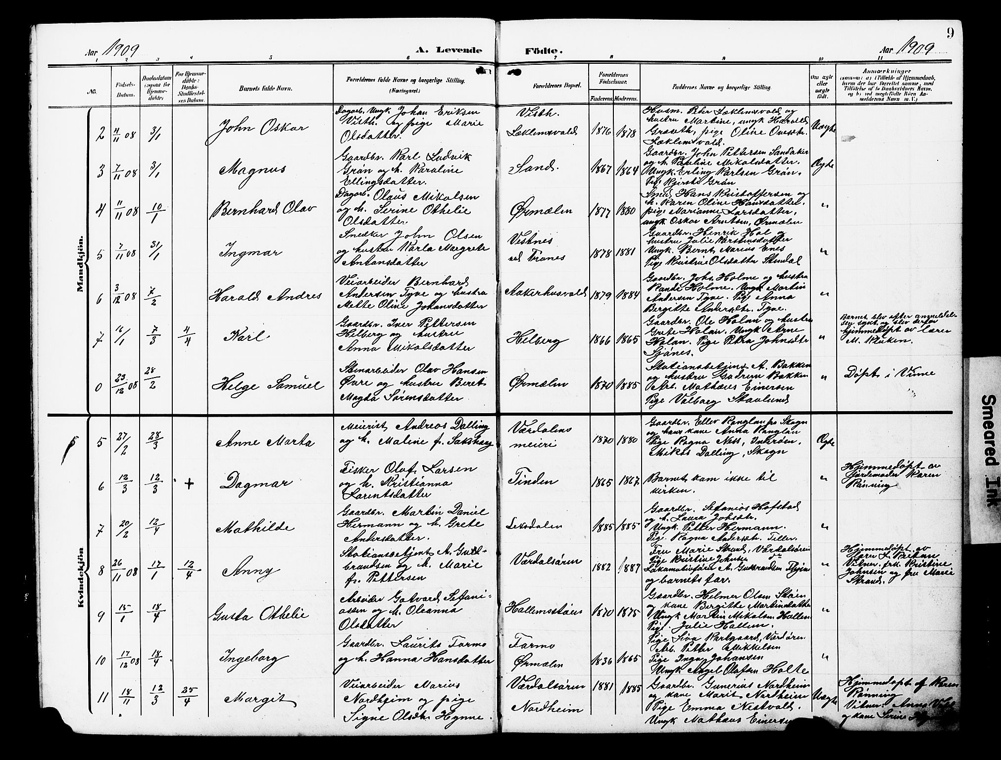 Ministerialprotokoller, klokkerbøker og fødselsregistre - Nord-Trøndelag, AV/SAT-A-1458/723/L0258: Parish register (copy) no. 723C06, 1908-1927, p. 9