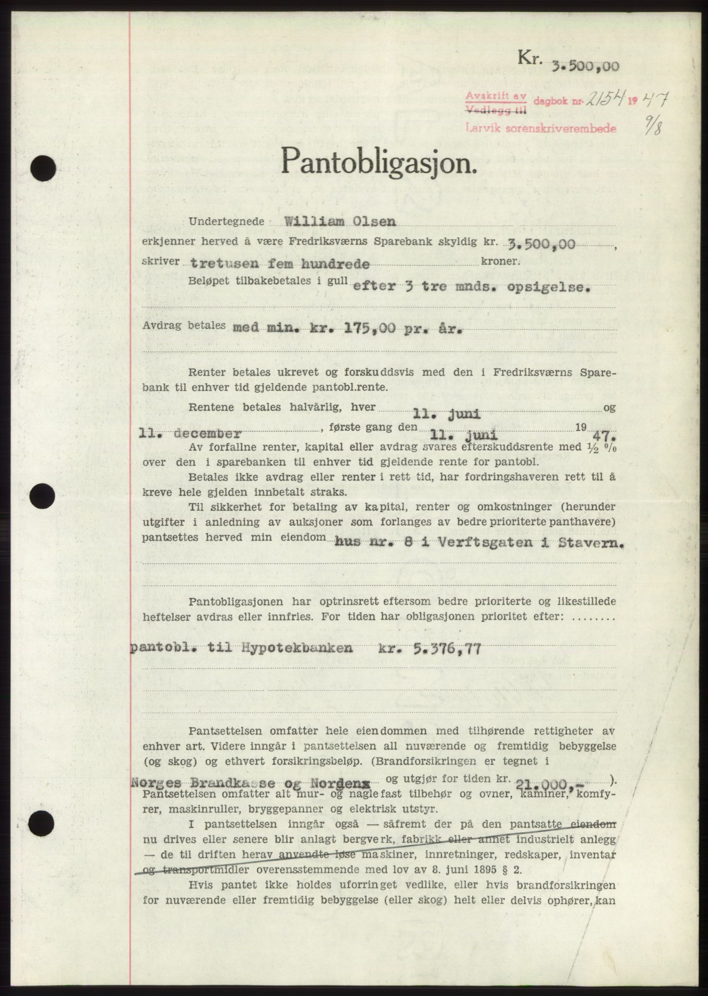 Larvik sorenskriveri, AV/SAKO-A-83/G/Ga/Gac/L0012: Mortgage book no. B-12, 1947-1947, Diary no: : 2154/1947