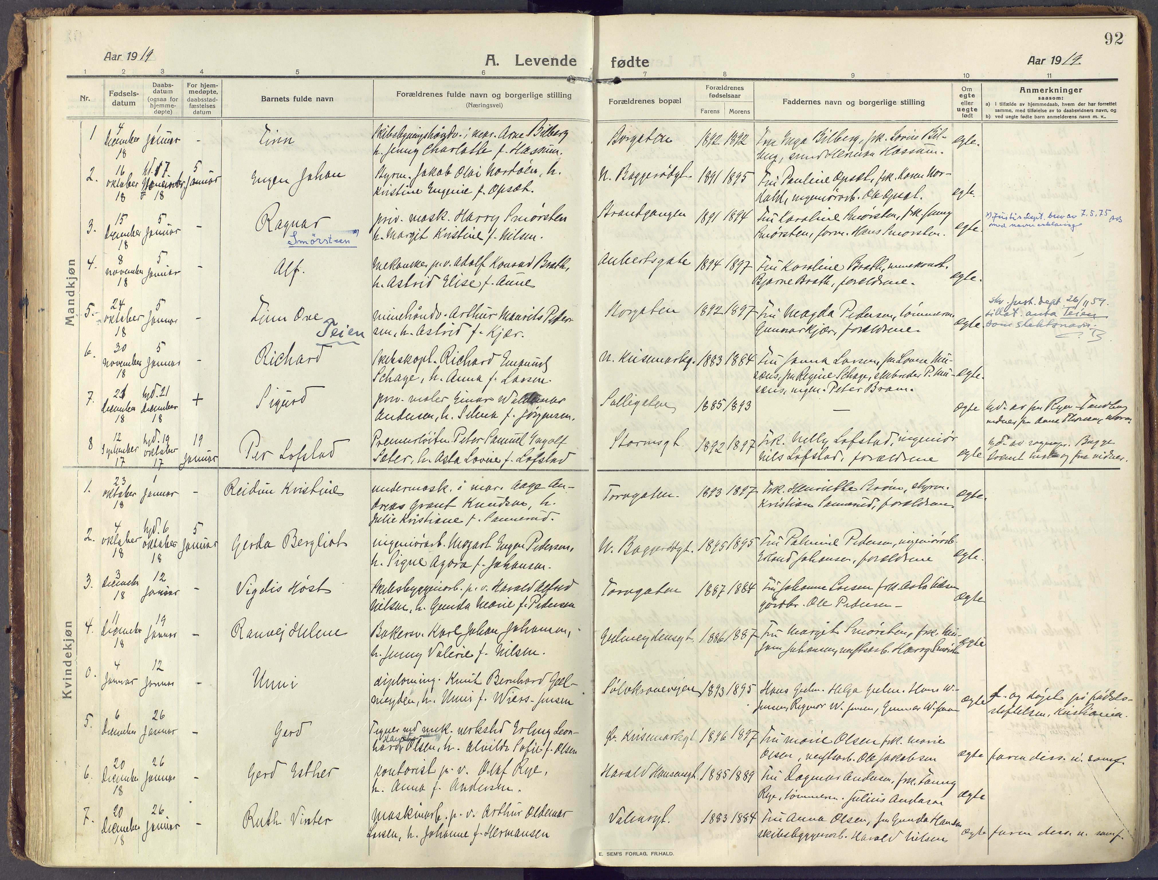 Horten kirkebøker, AV/SAKO-A-348/F/Fa/L0012: Parish register (official) no. 12, 1913-1926, p. 92