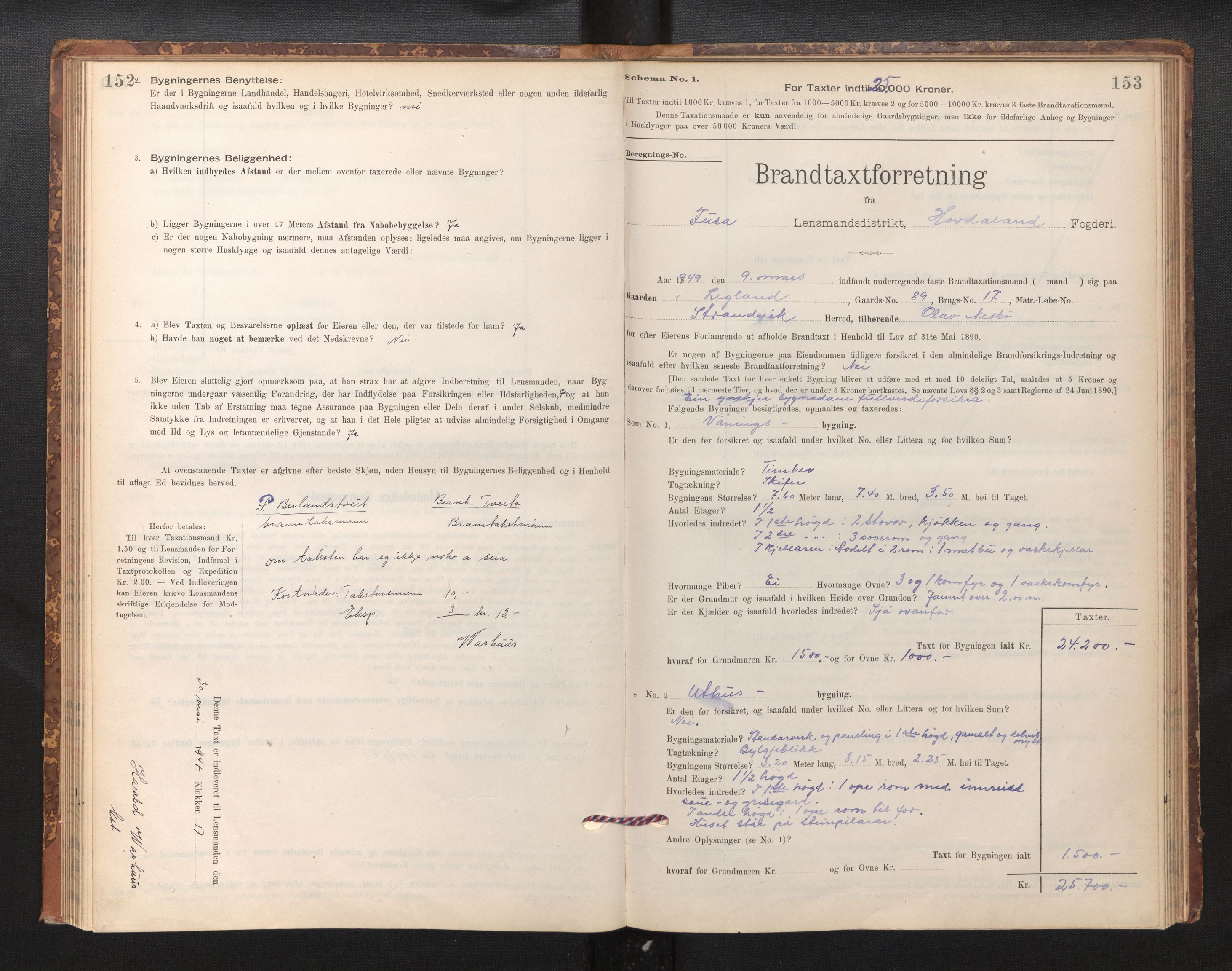 Lensmannen i Fusa, SAB/A-32401/1/0012/L0003: Branntakstprotokoll, skjematakst, 1895-1950, p. 152-153