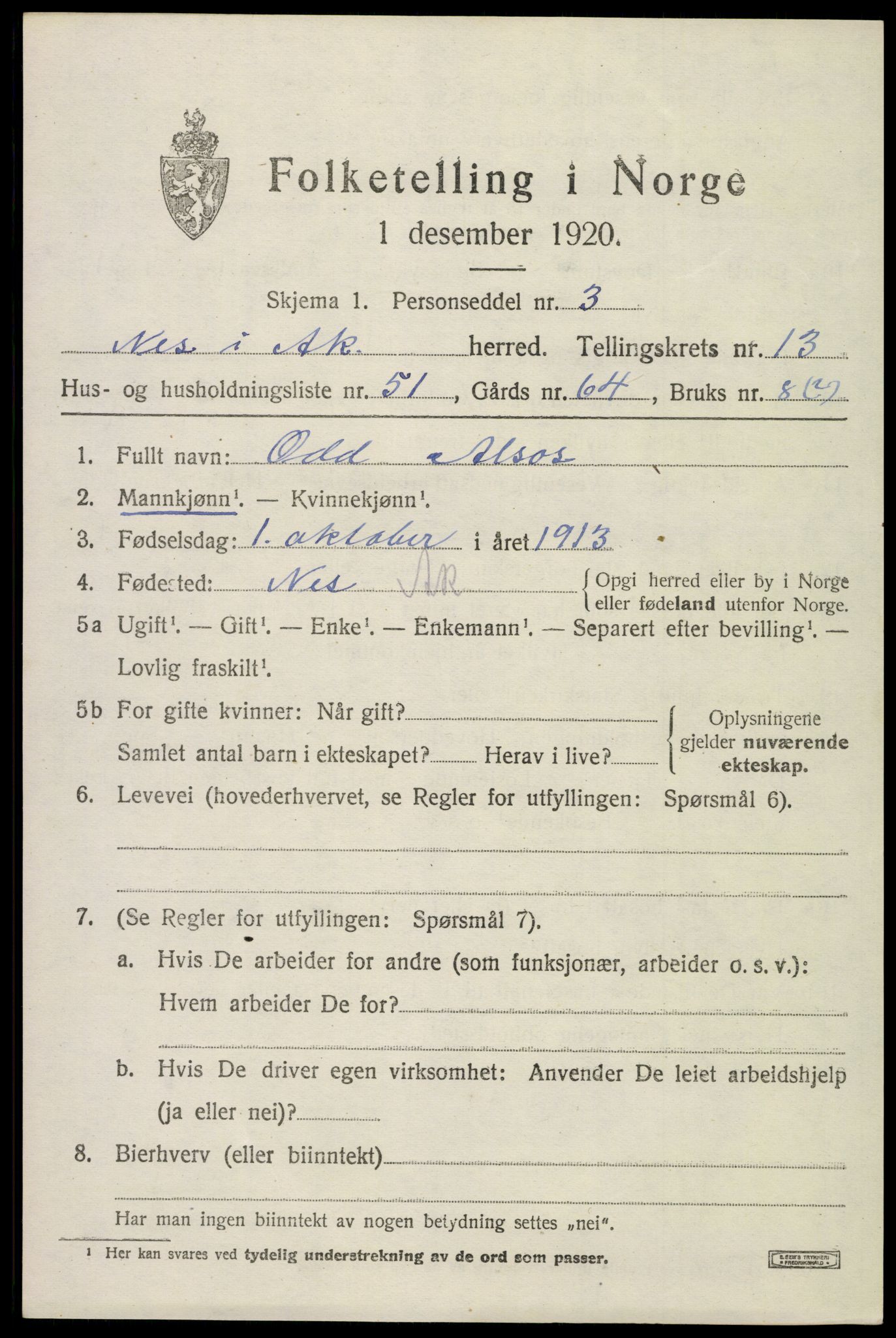 SAO, 1920 census for Nes, 1920, p. 13944