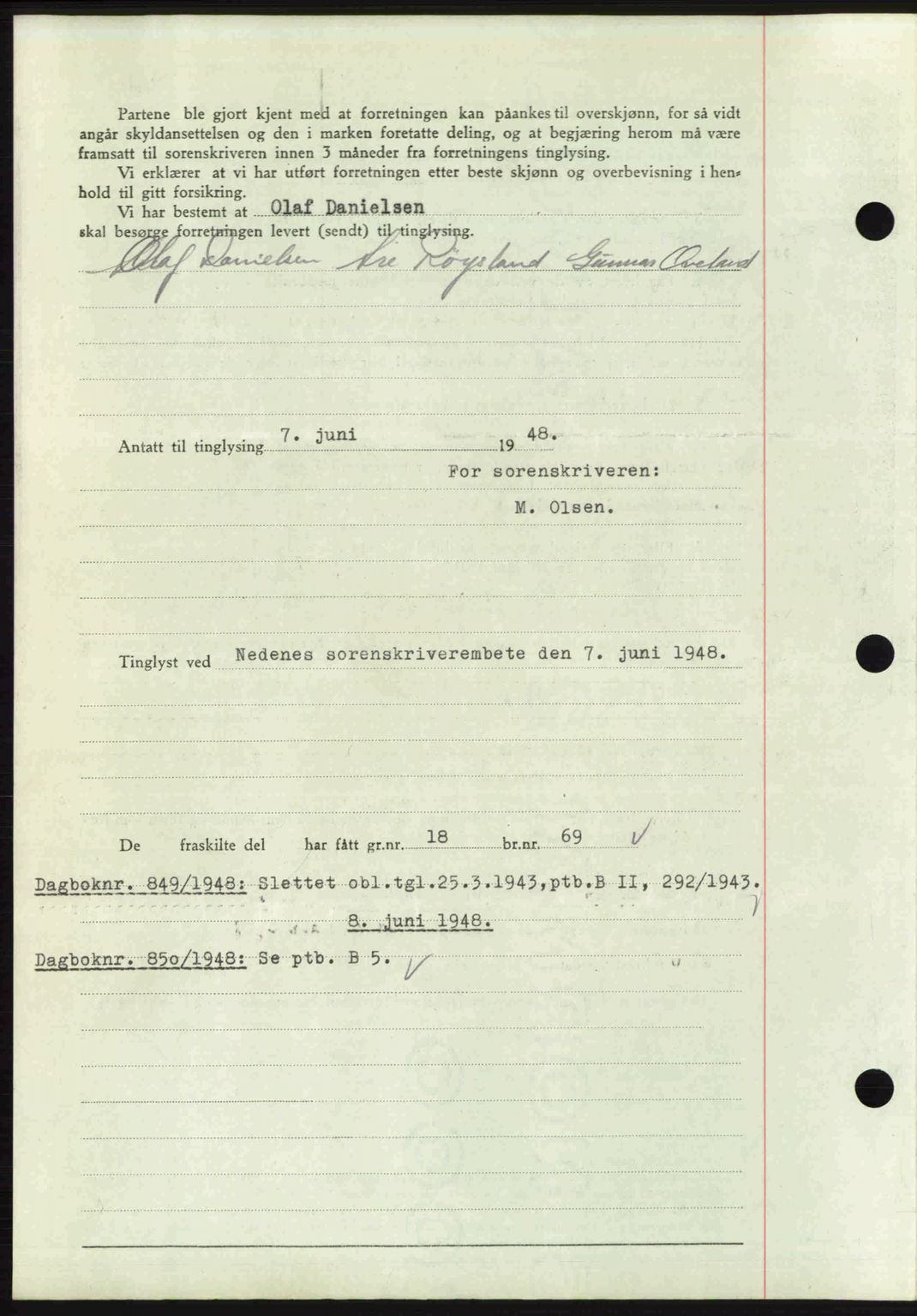 Nedenes sorenskriveri, SAK/1221-0006/G/Gb/Gba/L0059: Mortgage book no. A11, 1948-1948, Diary no: : 848/1948