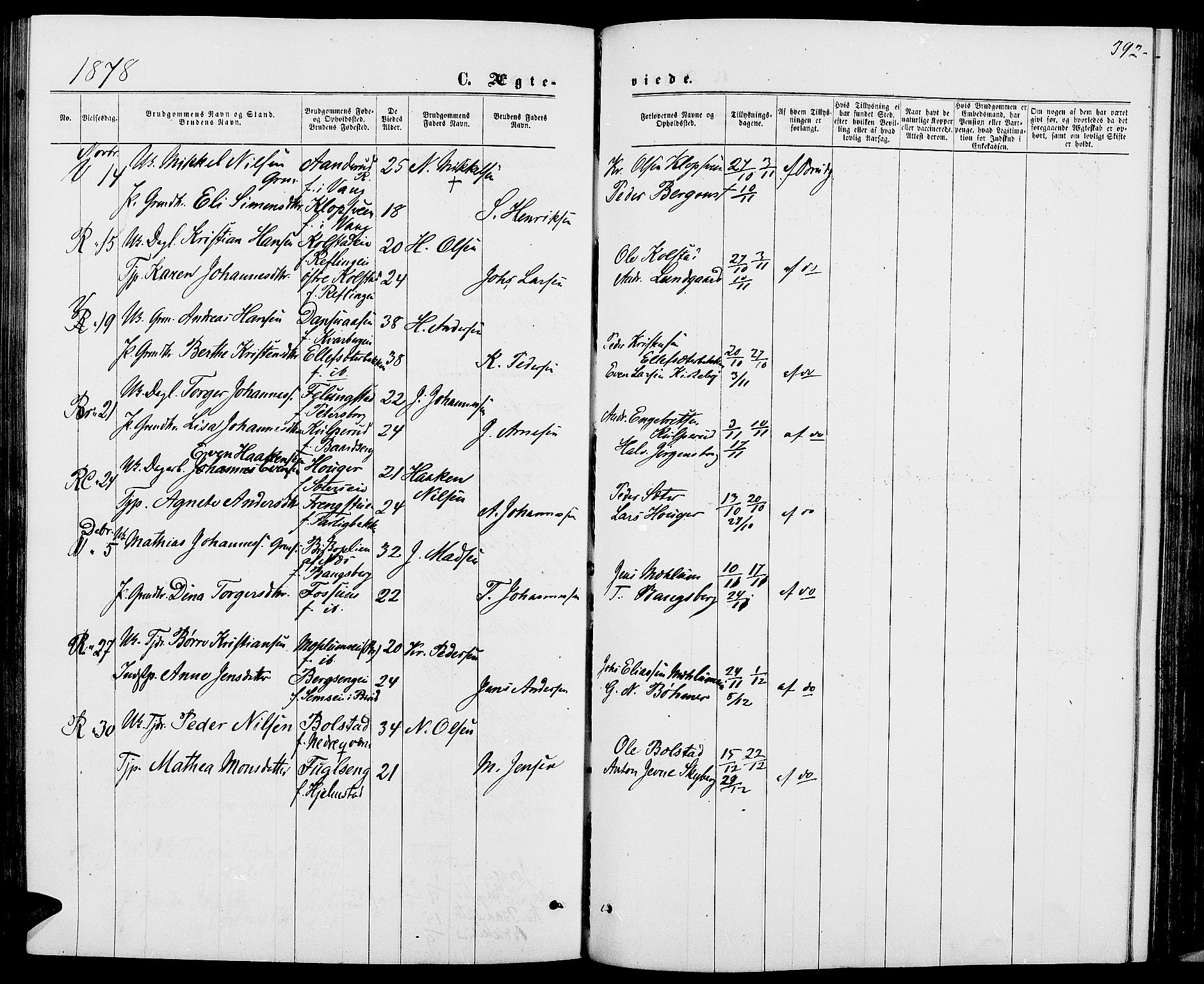 Ringsaker prestekontor, AV/SAH-PREST-014/L/La/L0008: Parish register (copy) no. 8, 1870-1878, p. 392