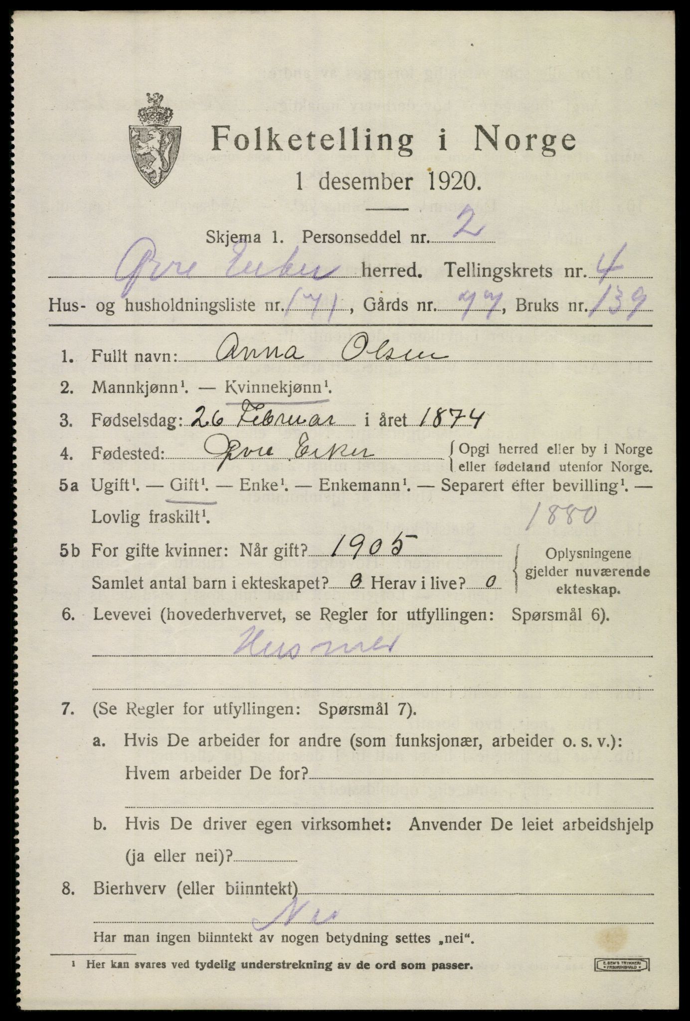 SAKO, 1920 census for Øvre Eiker, 1920, p. 11810