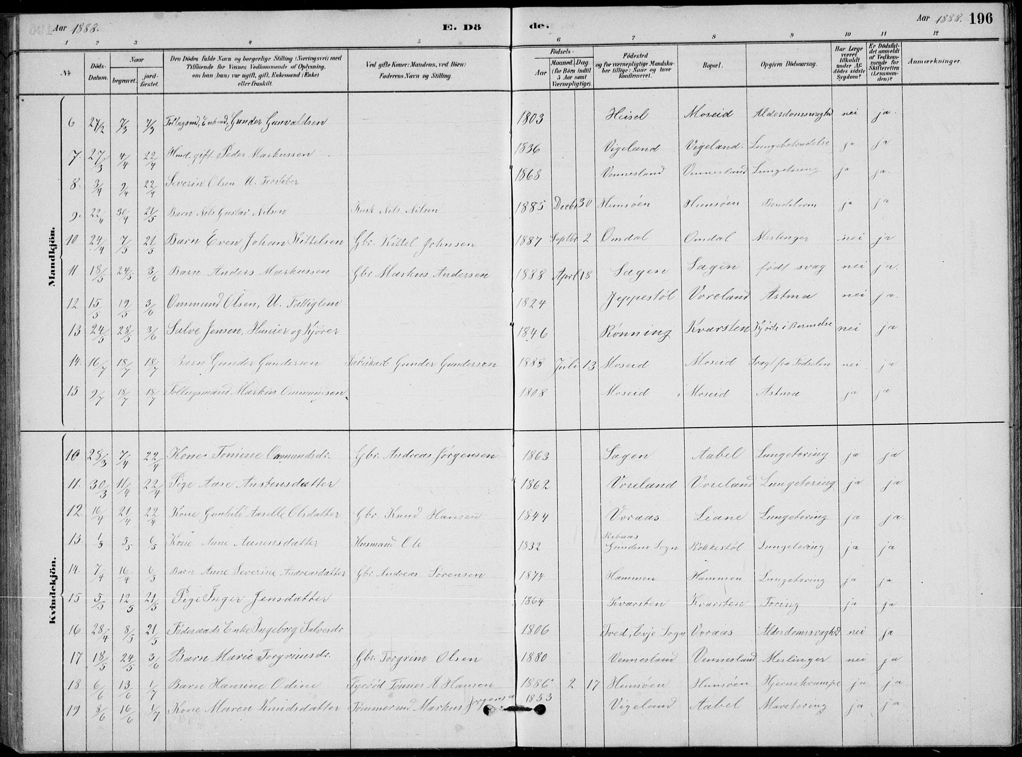 Vennesla sokneprestkontor, AV/SAK-1111-0045/Fb/Fbb/L0003: Parish register (copy) no. B 3, 1879-1893, p. 196