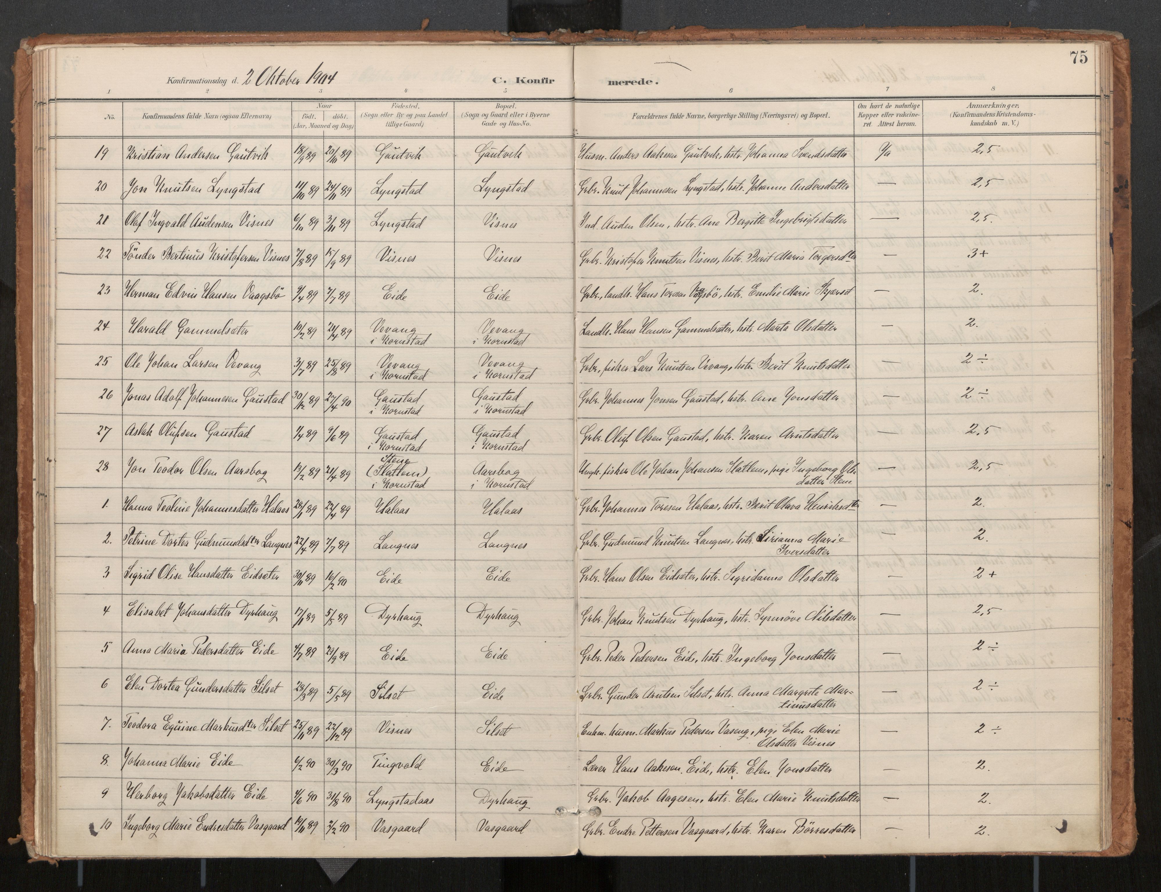 Ministerialprotokoller, klokkerbøker og fødselsregistre - Møre og Romsdal, AV/SAT-A-1454/571/L0836a: Parish register (official) no. 571A02, 1898-1910, p. 75