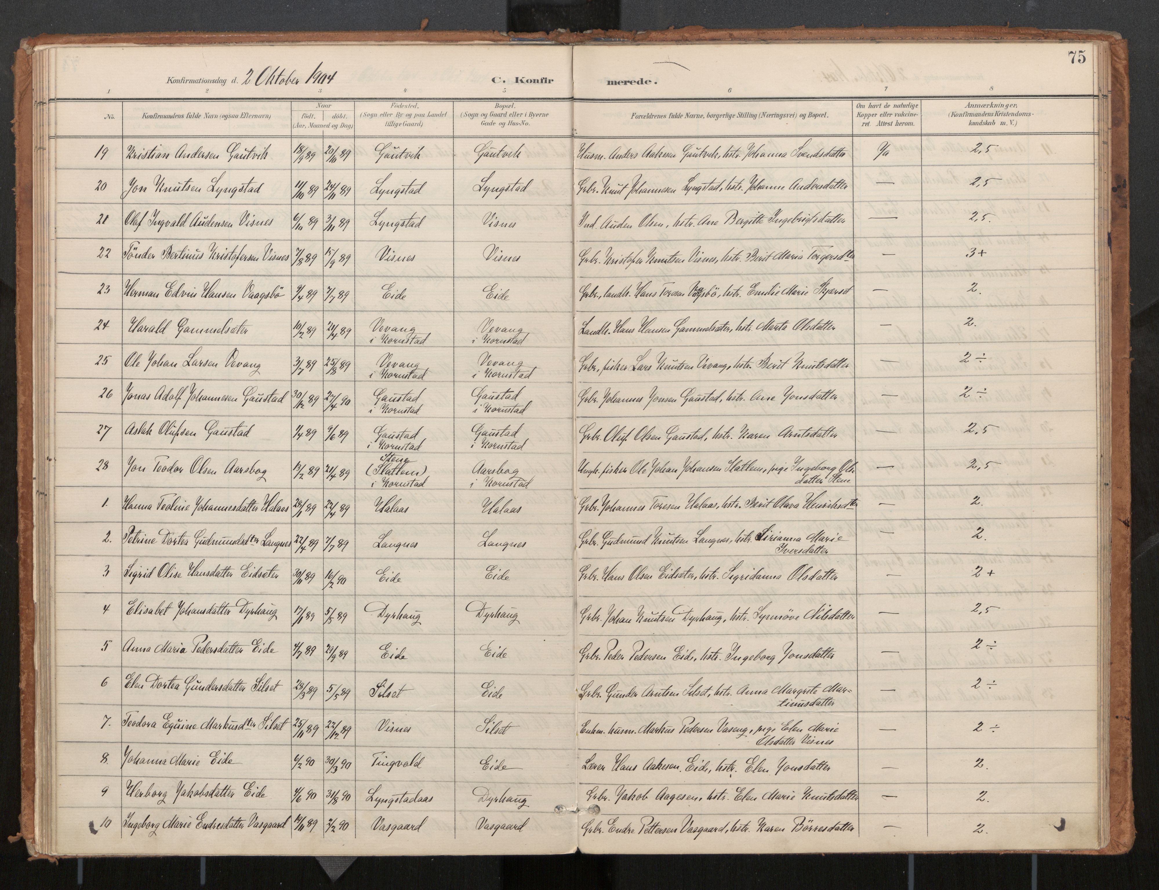 Ministerialprotokoller, klokkerbøker og fødselsregistre - Møre og Romsdal, SAT/A-1454/571/L0836a: Parish register (official) no. 571A02, 1898-1910, p. 75