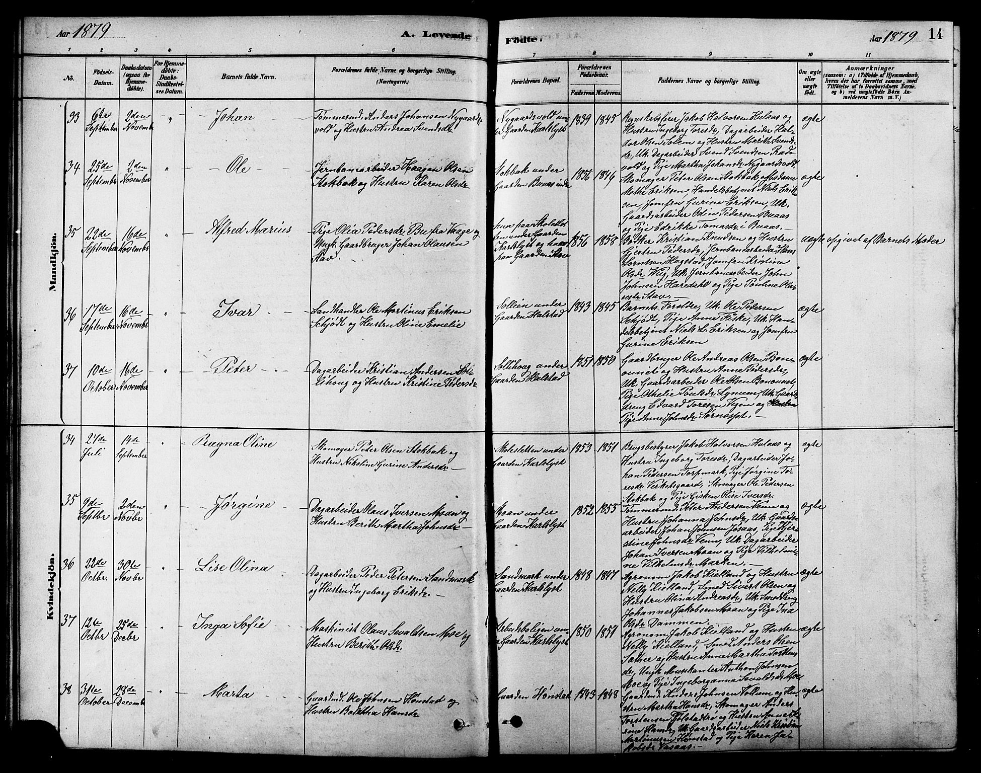 Ministerialprotokoller, klokkerbøker og fødselsregistre - Sør-Trøndelag, SAT/A-1456/616/L0423: Parish register (copy) no. 616C06, 1878-1903, p. 14