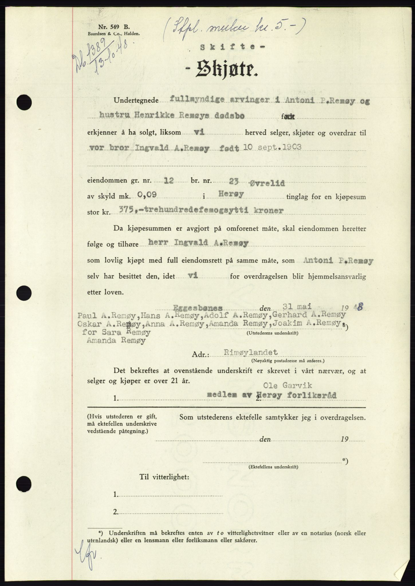 Søre Sunnmøre sorenskriveri, AV/SAT-A-4122/1/2/2C/L0083: Mortgage book no. 9A, 1948-1949, Diary no: : 1389/1948