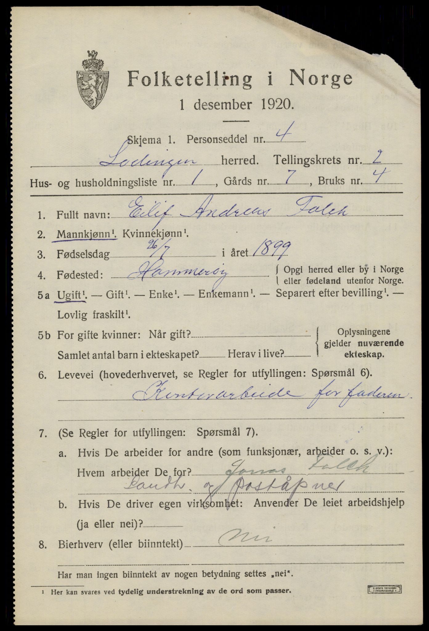 SAT, 1920 census for Lødingen, 1920, p. 1595