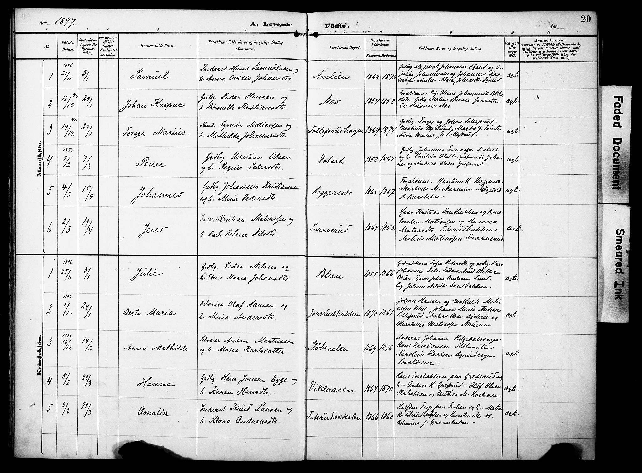 Vestre Toten prestekontor, AV/SAH-PREST-108/H/Ha/Haa/L0012: Parish register (official) no. 12, 1890-1906, p. 20