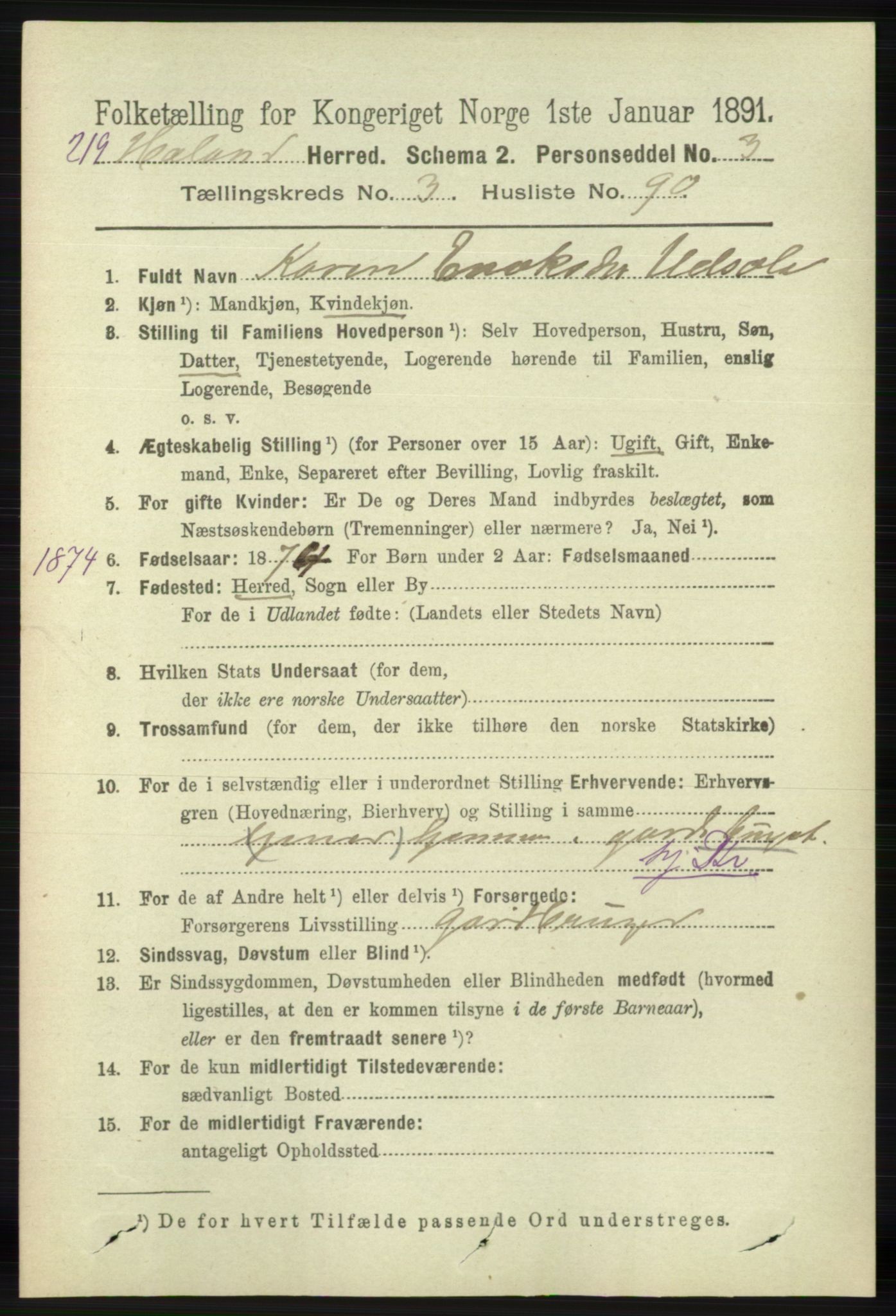 RA, 1891 census for 1124 Haaland, 1891, p. 2232