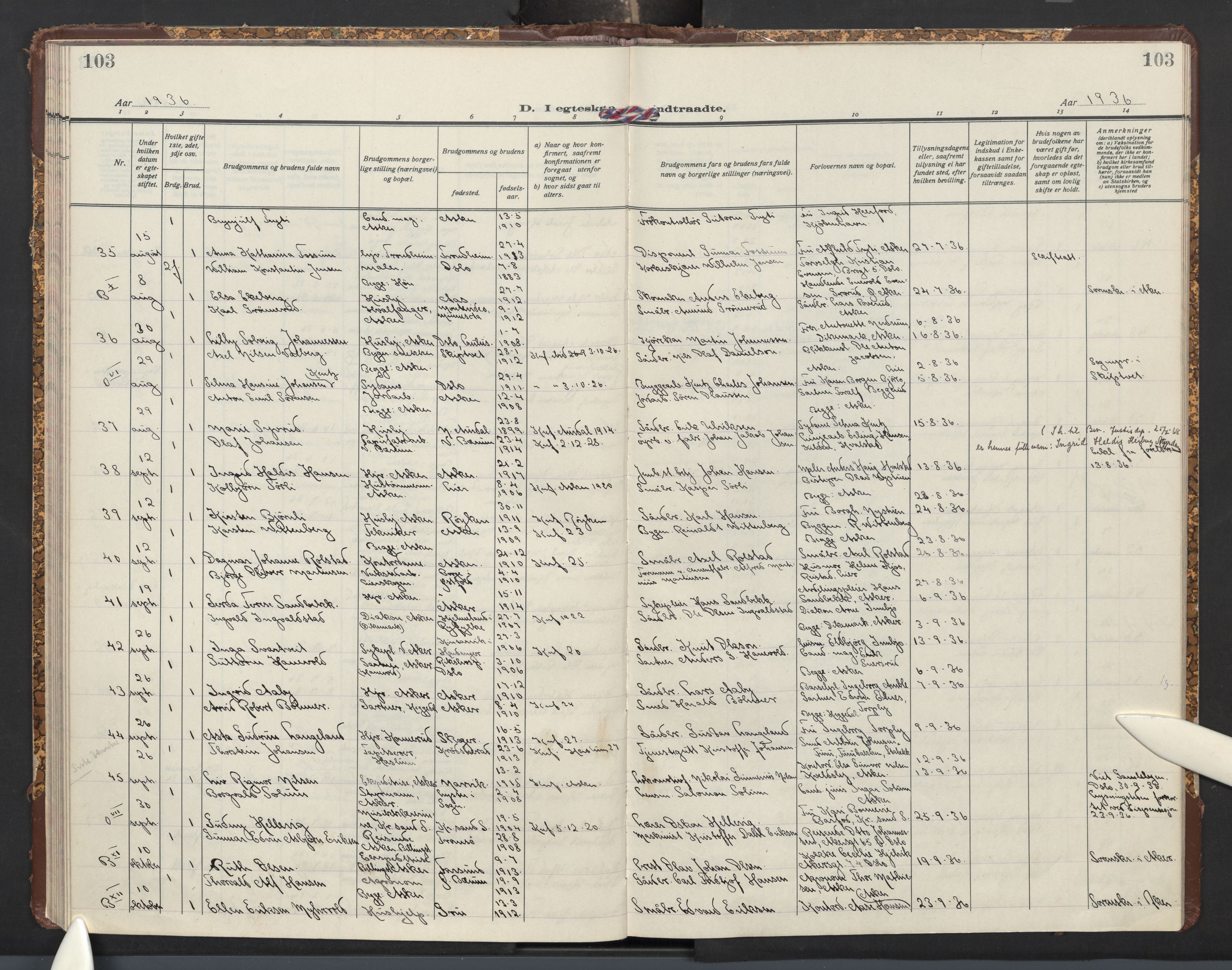 Asker prestekontor Kirkebøker, AV/SAO-A-10256a/F/Fa/L0021: Parish register (official) no. I 21, 1936-1945, p. 103