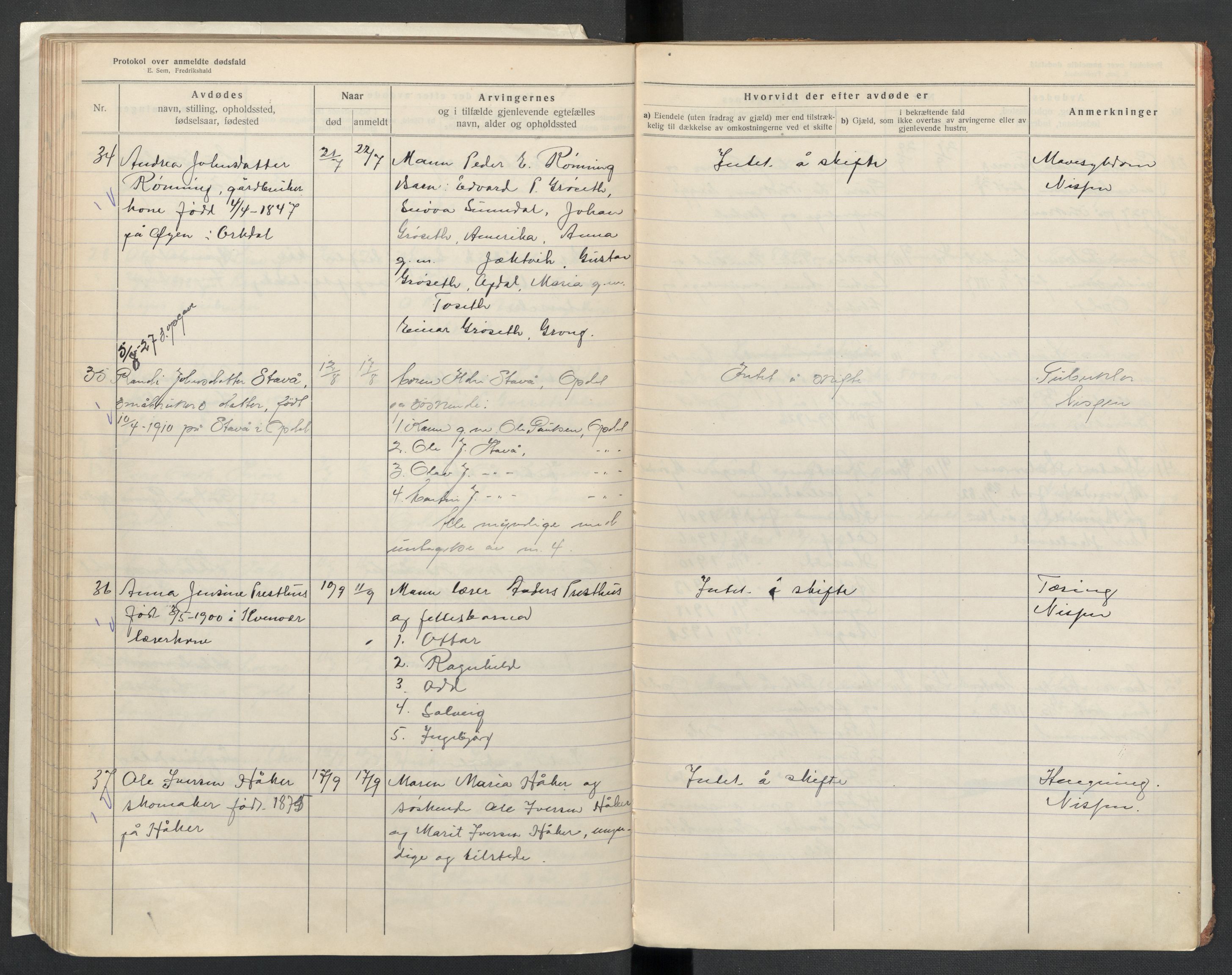 Oppdal lensmannskontor, AV/SAT-A-1073/1/02/L0003: 2.01.03 Dødsfallsprotokoll, 1919-1929