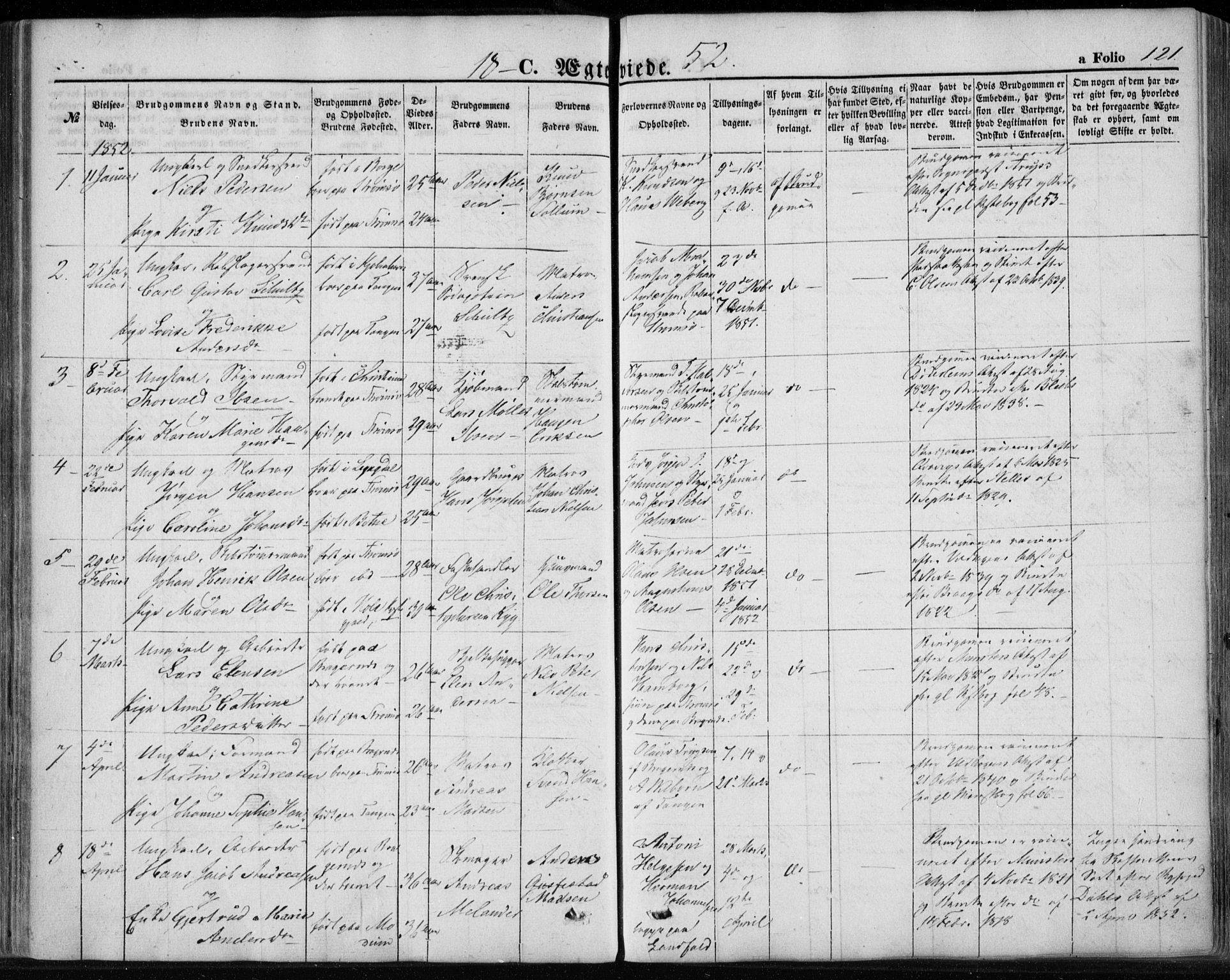 Strømsø kirkebøker, SAKO/A-246/F/Fa/L0017: Parish register (official) no. I 17, 1848-1865, p. 121