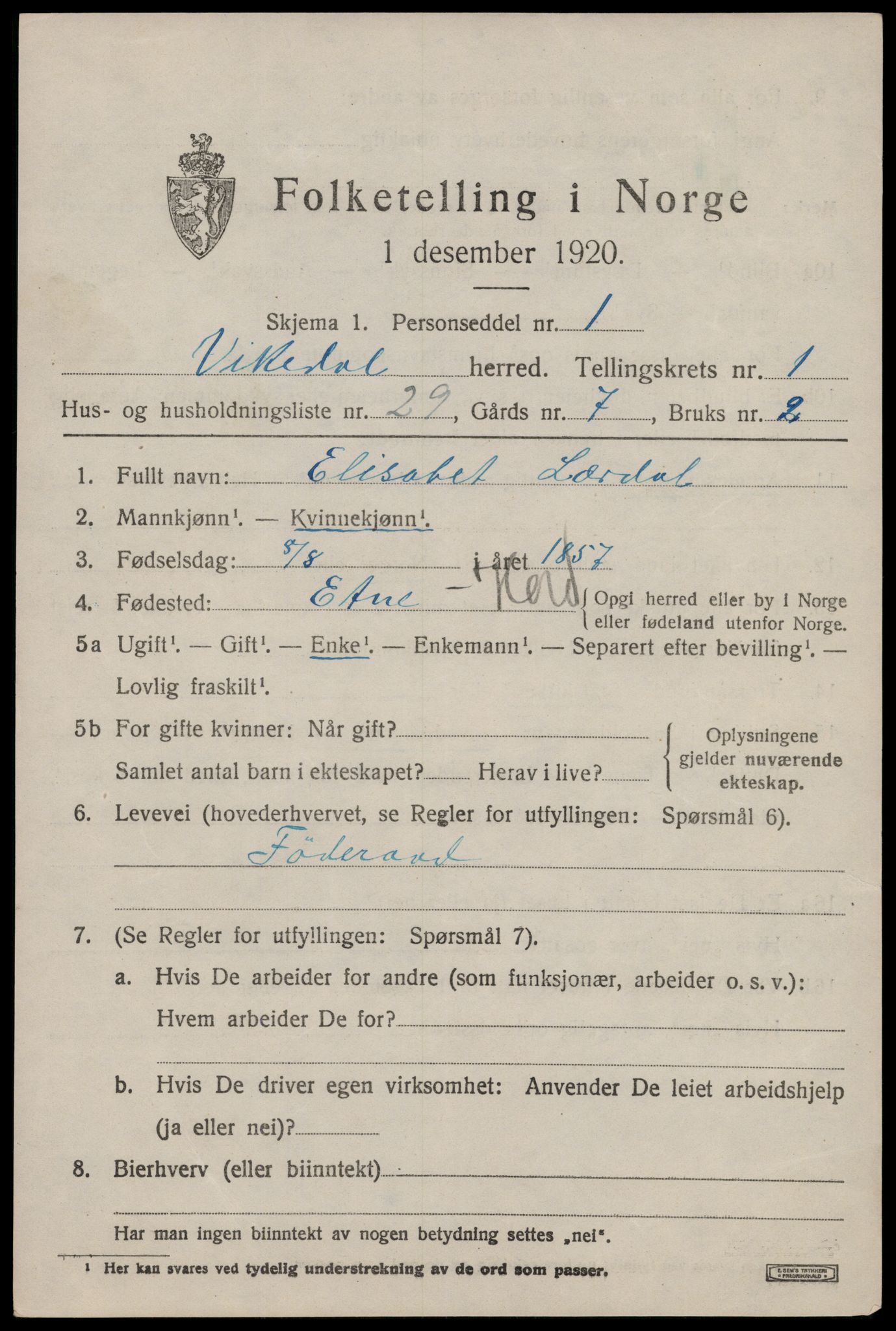 SAST, 1920 census for Vikedal, 1920, p. 1411