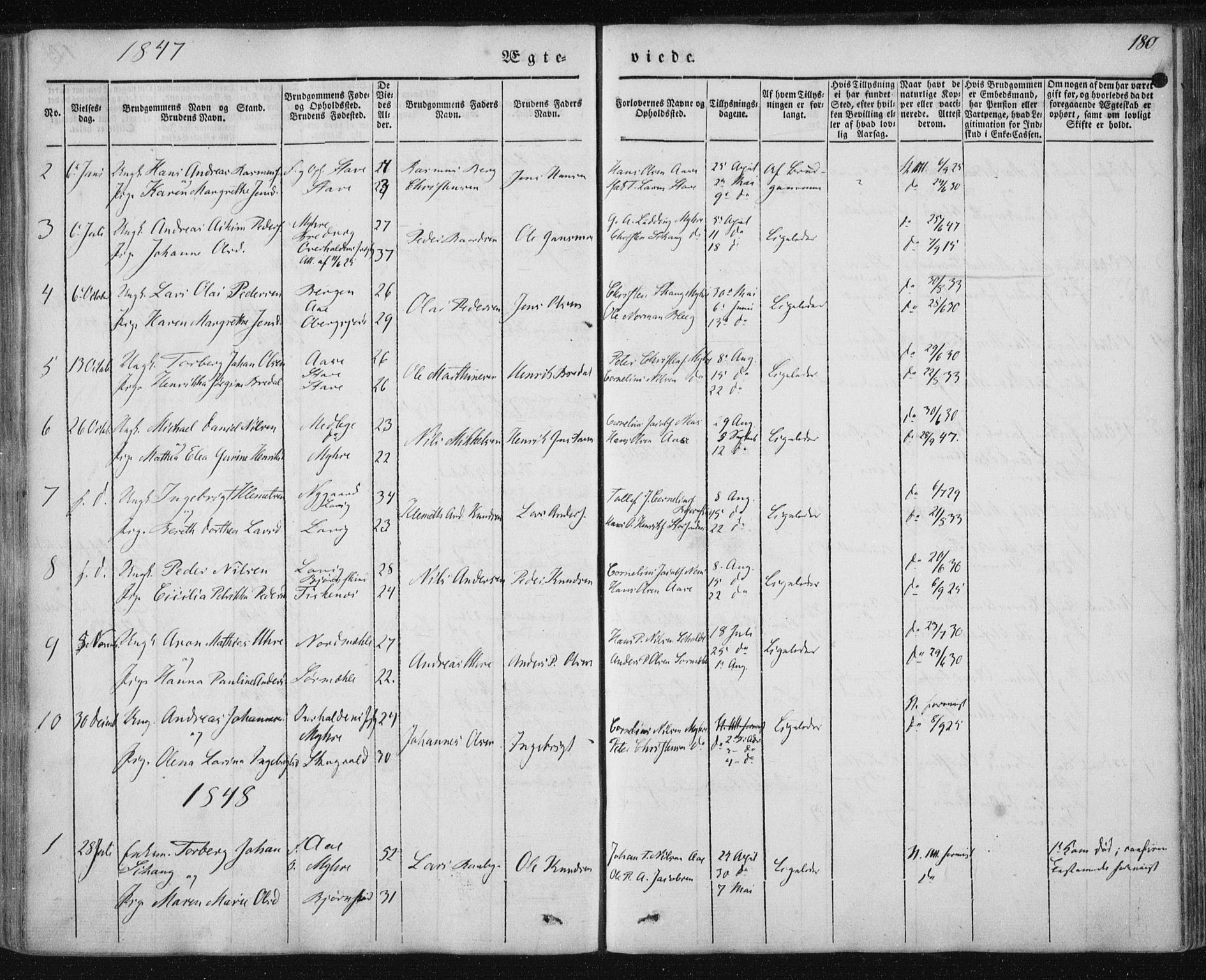 Ministerialprotokoller, klokkerbøker og fødselsregistre - Nordland, SAT/A-1459/897/L1396: Parish register (official) no. 897A04, 1842-1866, p. 180