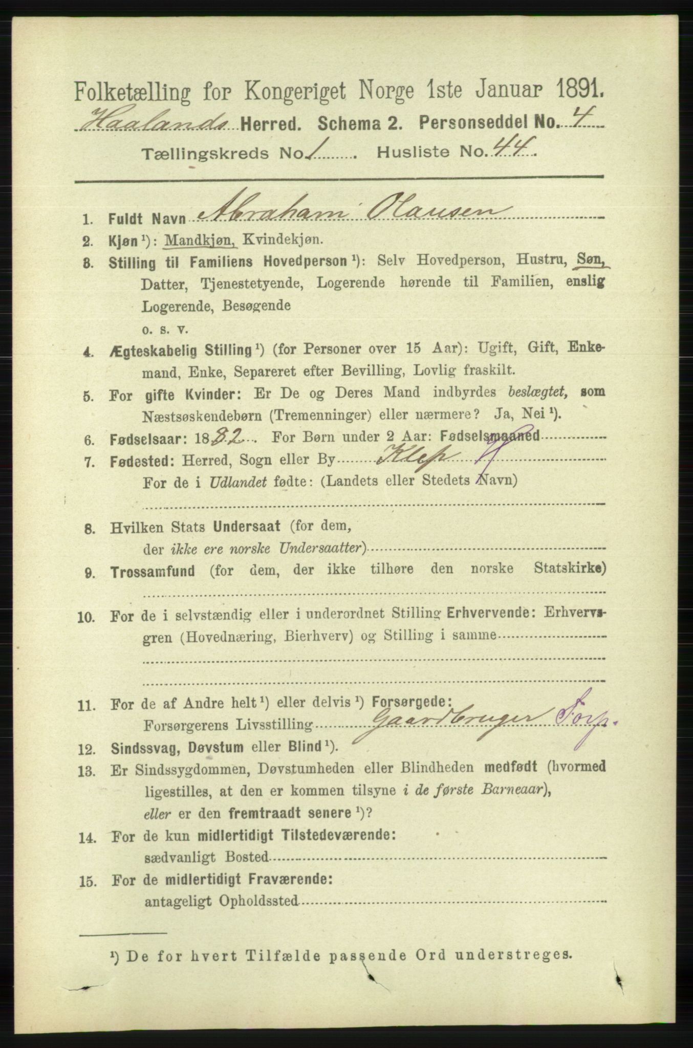 RA, 1891 census for 1124 Haaland, 1891, p. 441