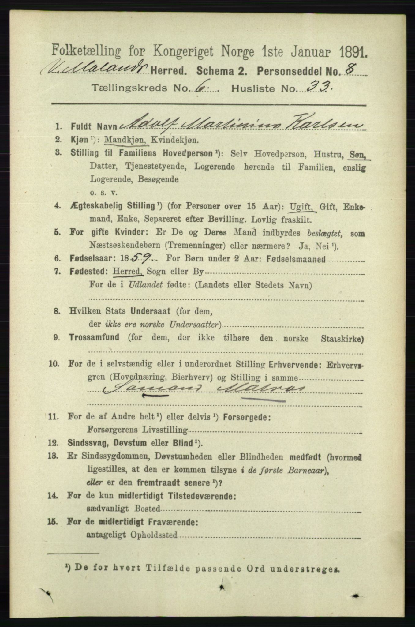 RA, 1891 census for 0926 Vestre Moland, 1891, p. 2513