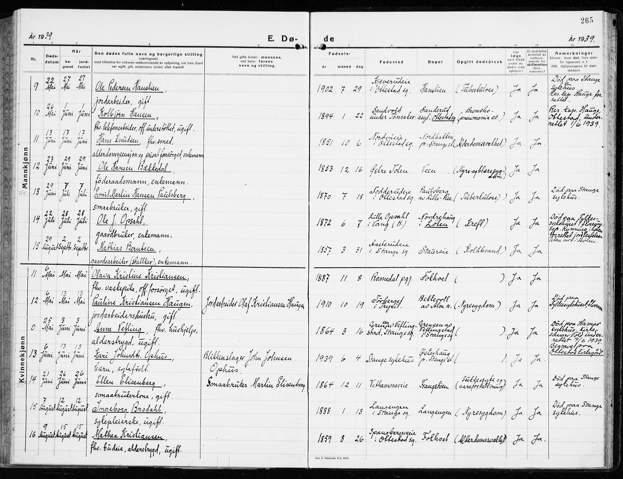 Stange prestekontor, AV/SAH-PREST-002/K/L0027: Parish register (official) no. 27, 1937-1947, p. 265