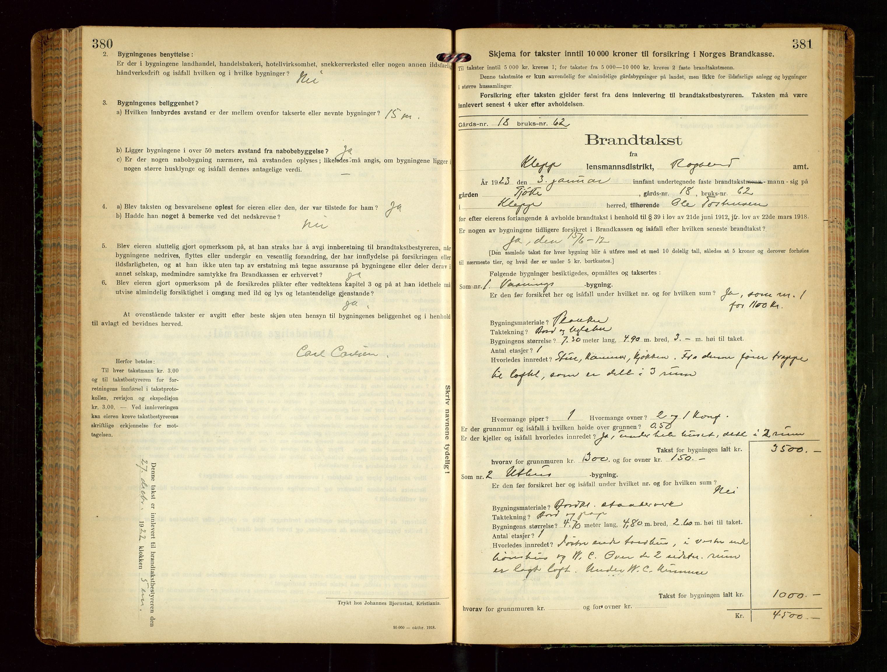 Klepp lensmannskontor, SAST/A-100163/Goc/L0010: "Brandtakstprotokoll" m/register, 1919-1924, p. 380-381