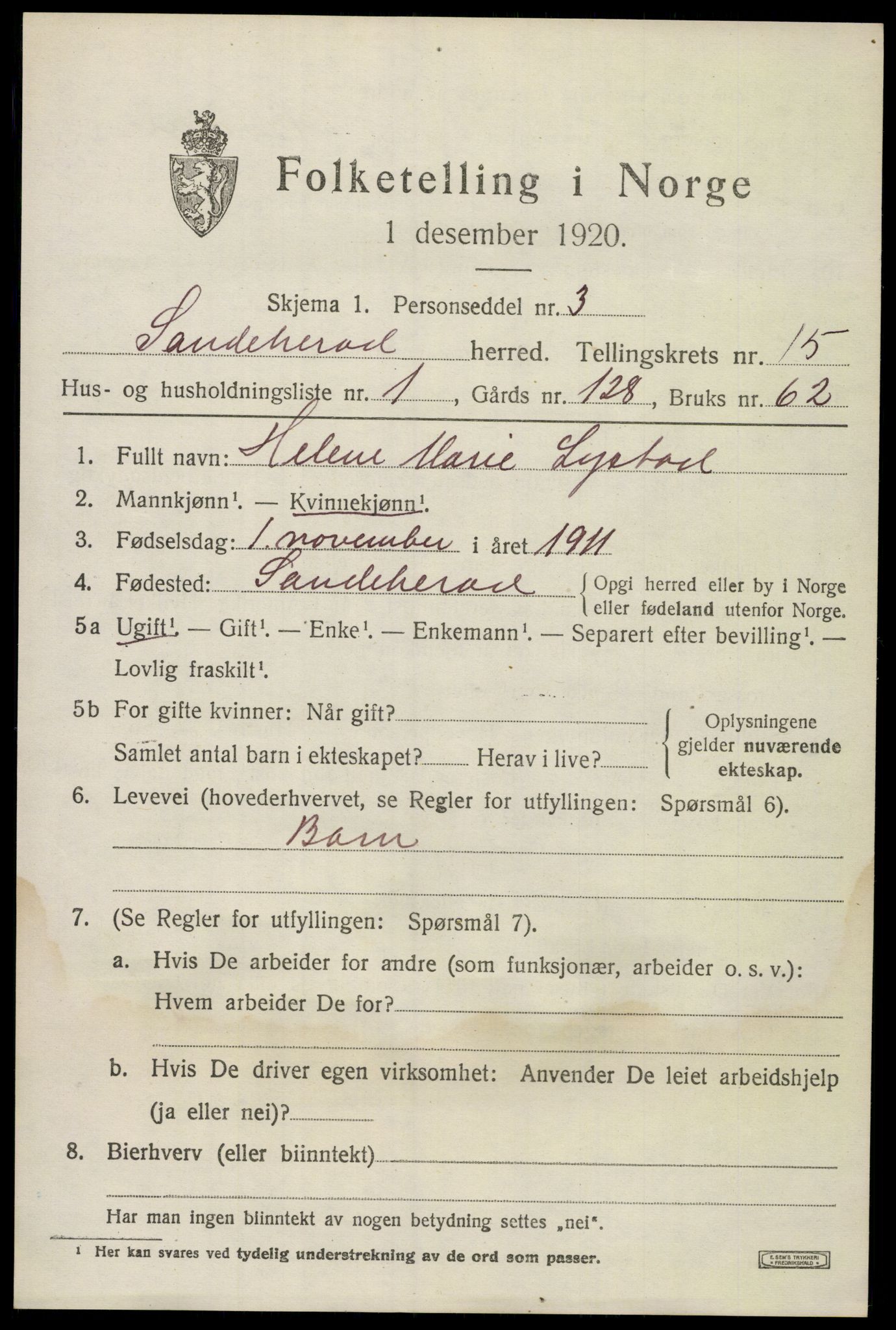 SAKO, 1920 census for Sandeherred, 1920, p. 22962