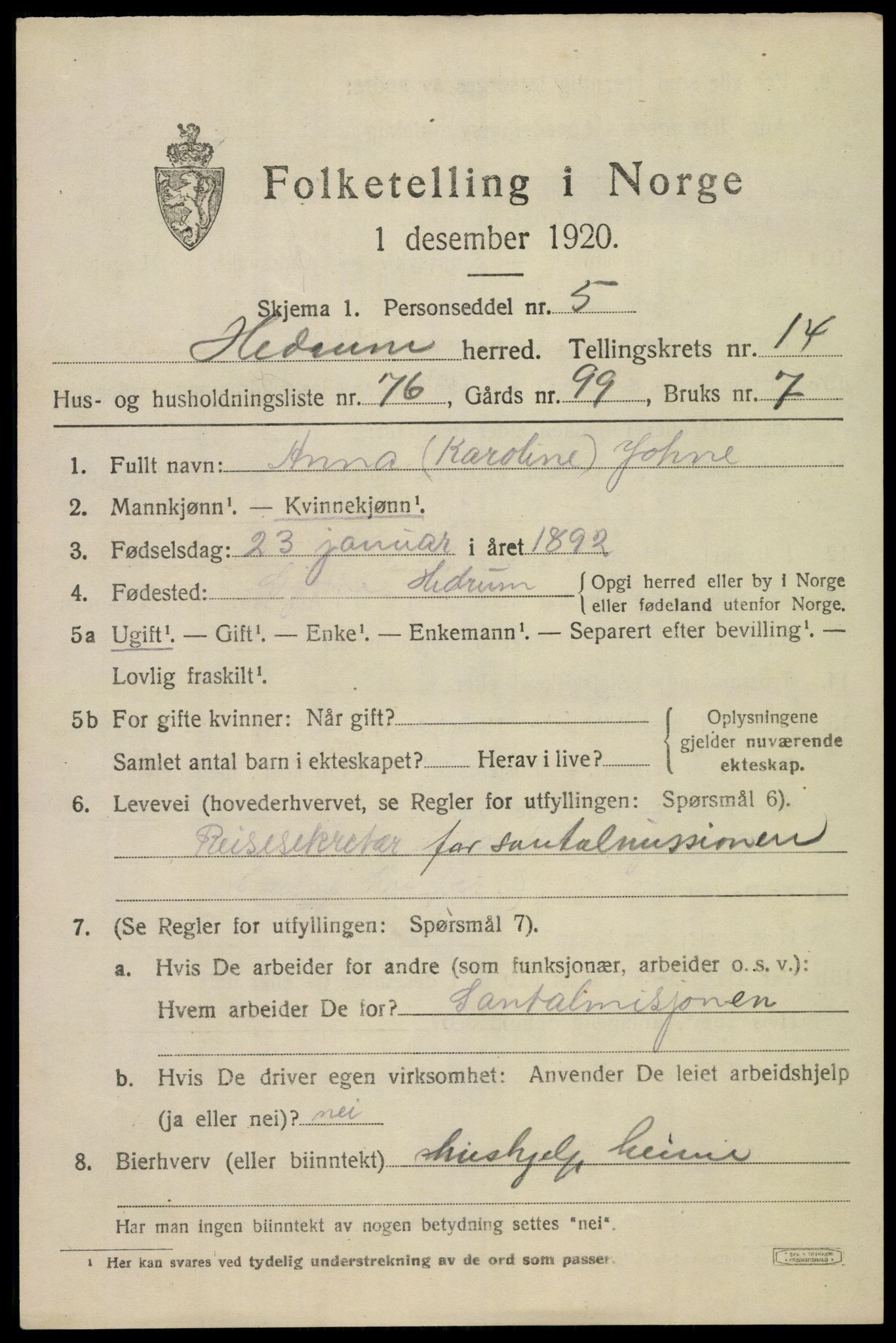 SAKO, 1920 census for Hedrum, 1920, p. 9879