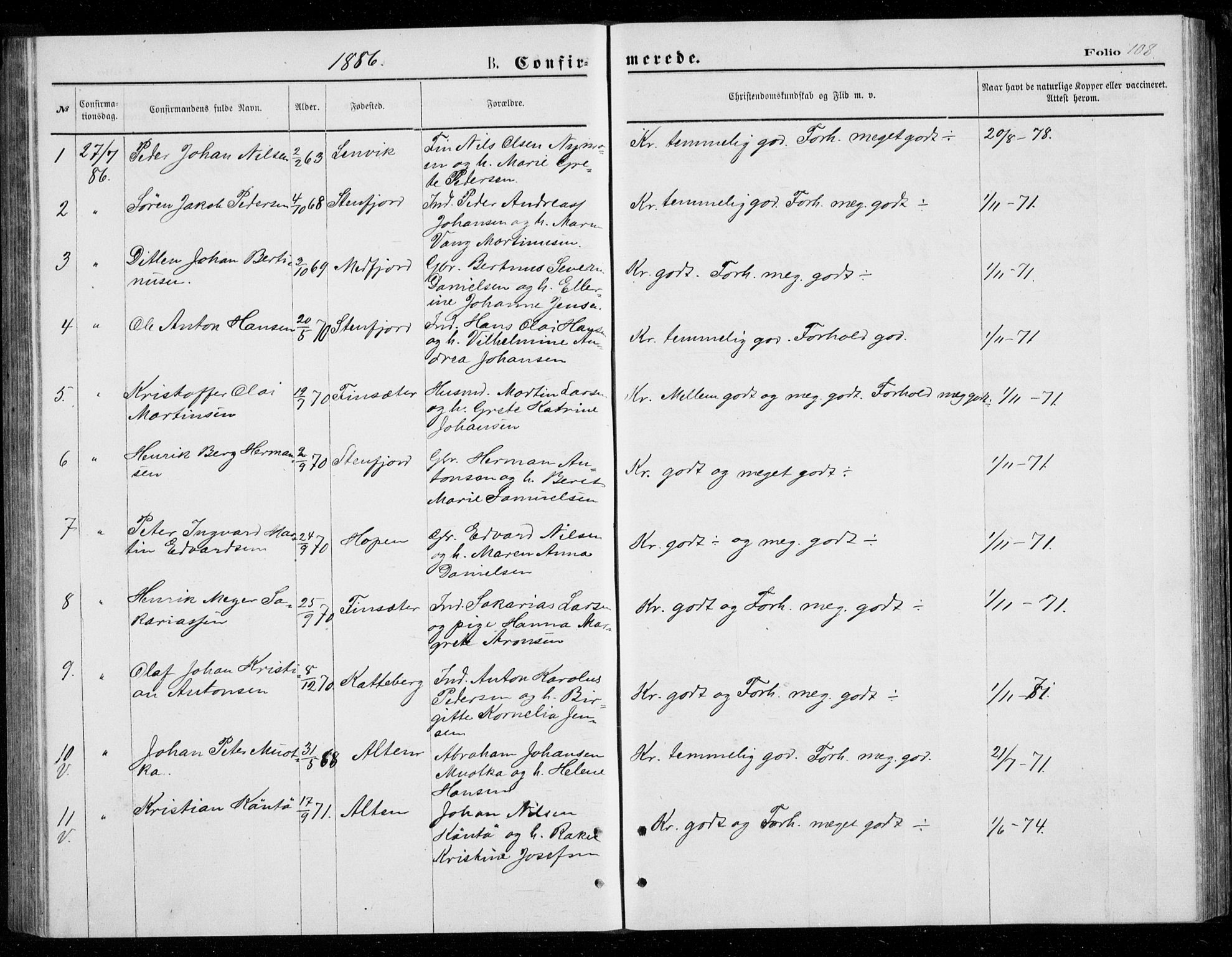 Berg sokneprestkontor, AV/SATØ-S-1318/G/Ga/Gab/L0003klokker: Parish register (copy) no. 3, 1874-1886, p. 108