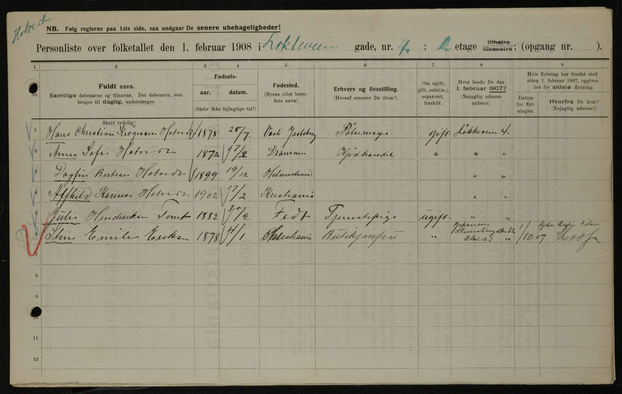 OBA, Municipal Census 1908 for Kristiania, 1908, p. 52532