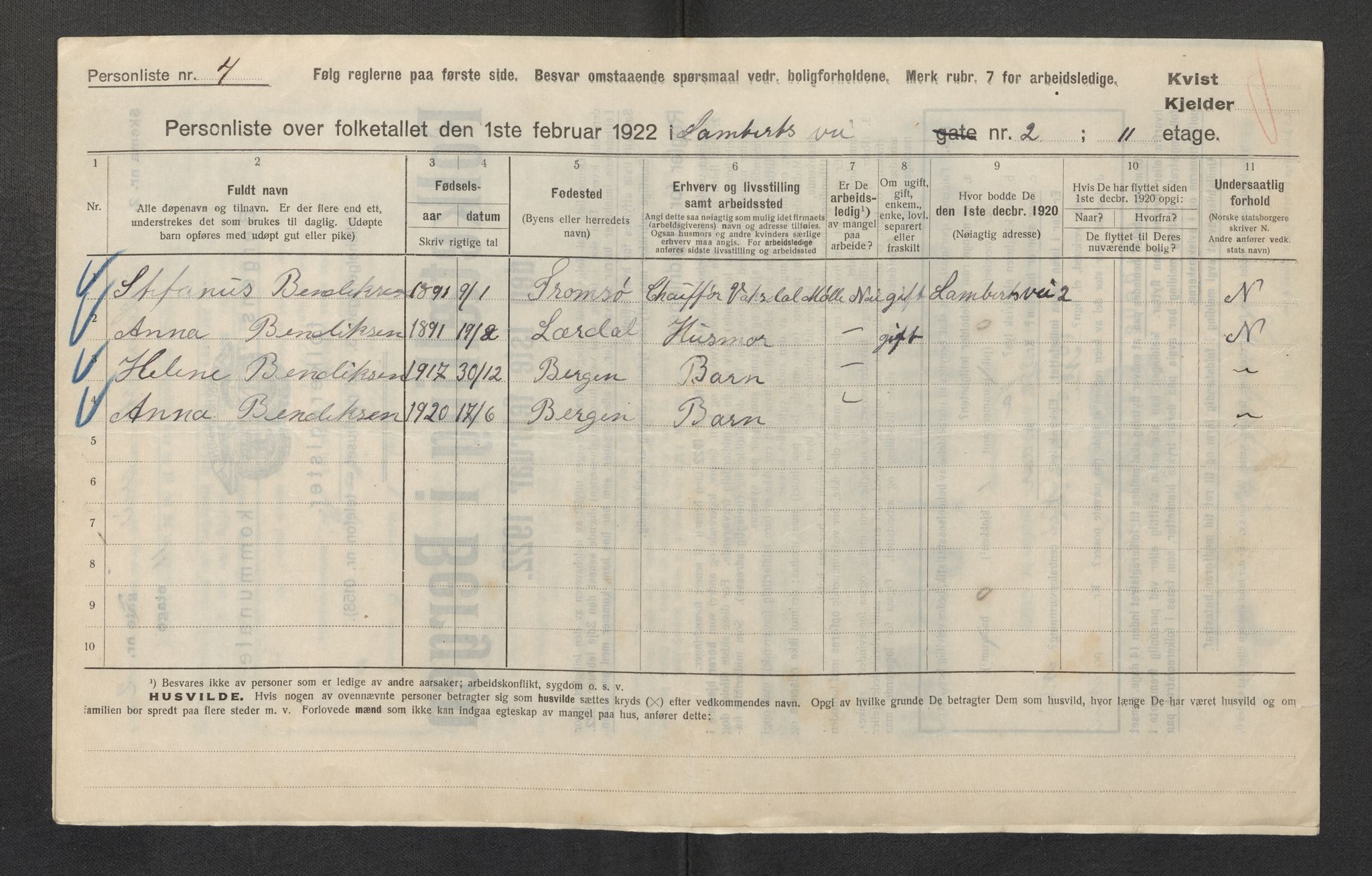 SAB, Municipal Census 1922 for Bergen, 1922, p. 22169