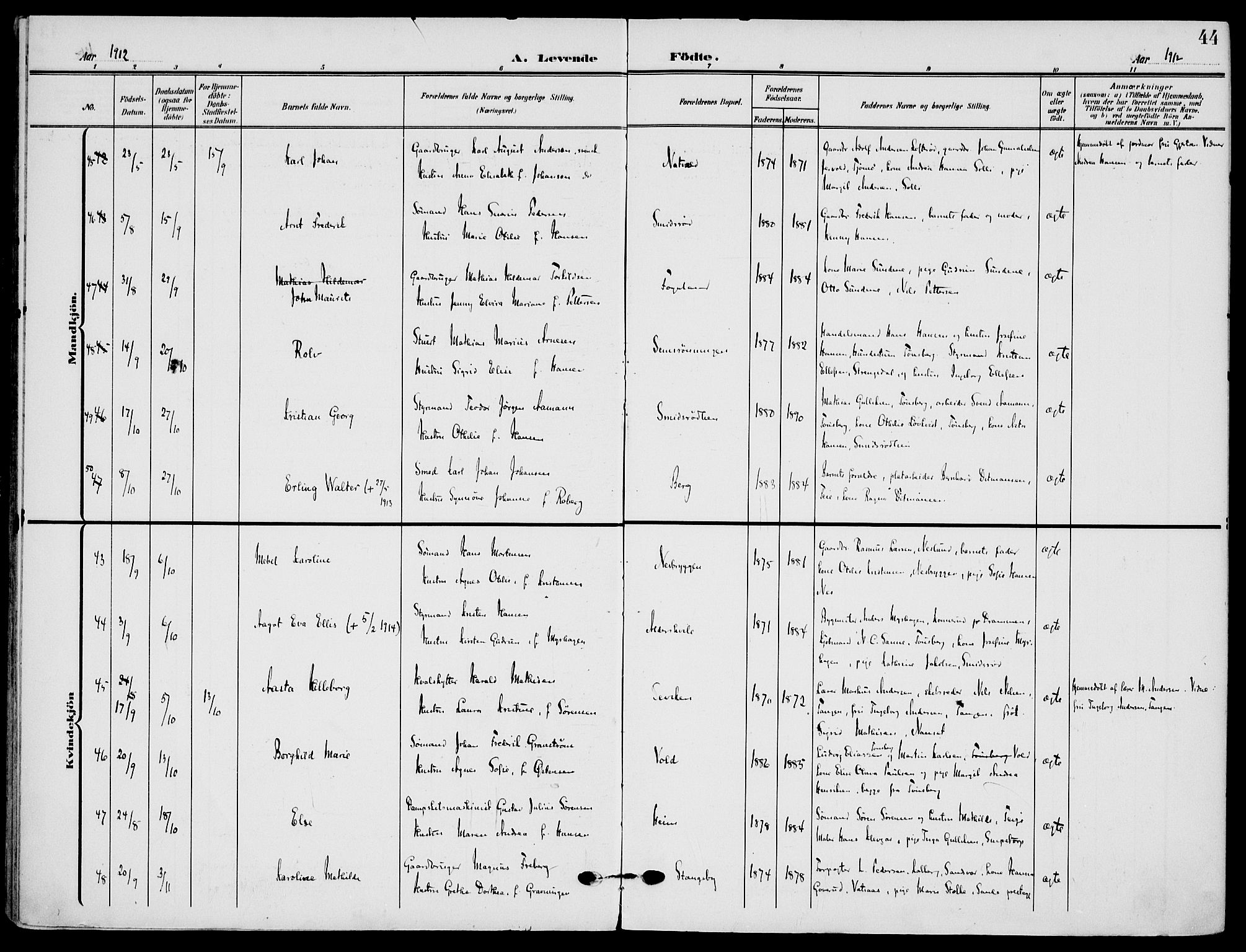 Nøtterøy kirkebøker, AV/SAKO-A-354/F/Fa/L0010: Parish register (official) no. I 10, 1908-1919, p. 44