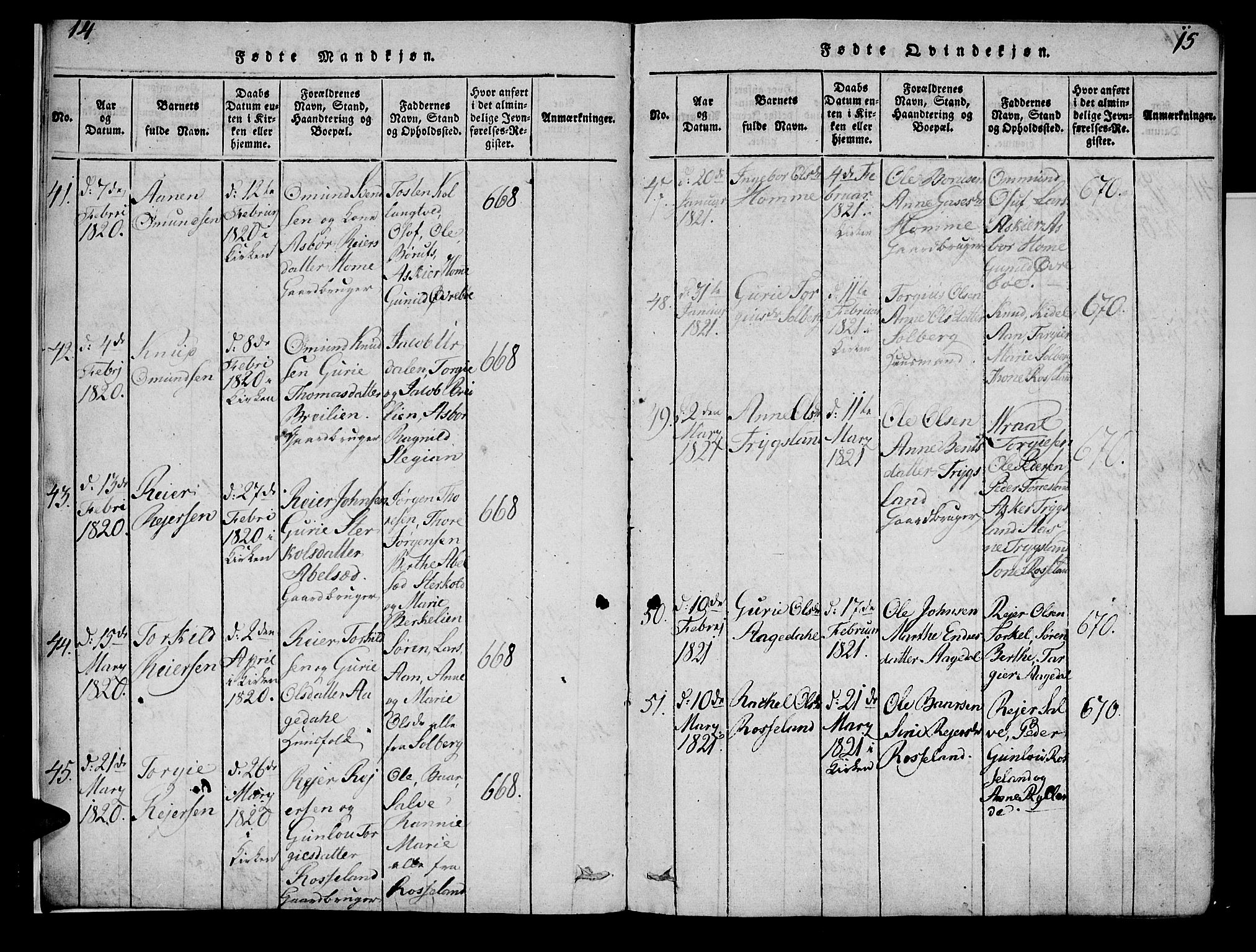 Bjelland sokneprestkontor, SAK/1111-0005/F/Fa/Faa/L0002: Parish register (official) no. A 2, 1816-1866, p. 14-15