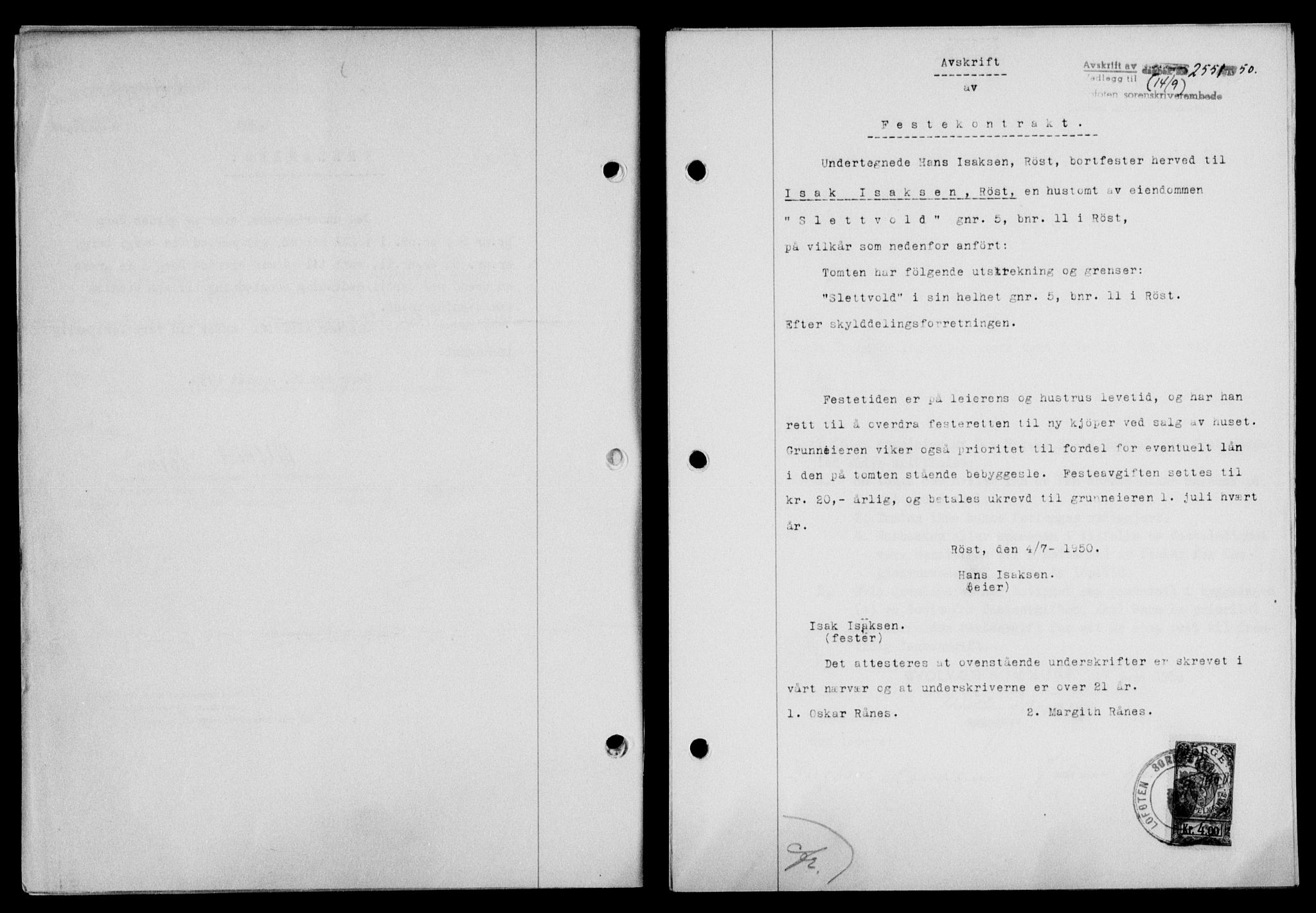 Lofoten sorenskriveri, SAT/A-0017/1/2/2C/L0024a: Mortgage book no. 24a, 1950-1950, Diary no: : 2551/1950