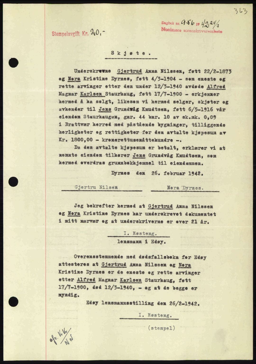 Nordmøre sorenskriveri, AV/SAT-A-4132/1/2/2Ca: Mortgage book no. A92, 1942-1942, Diary no: : 956/1942